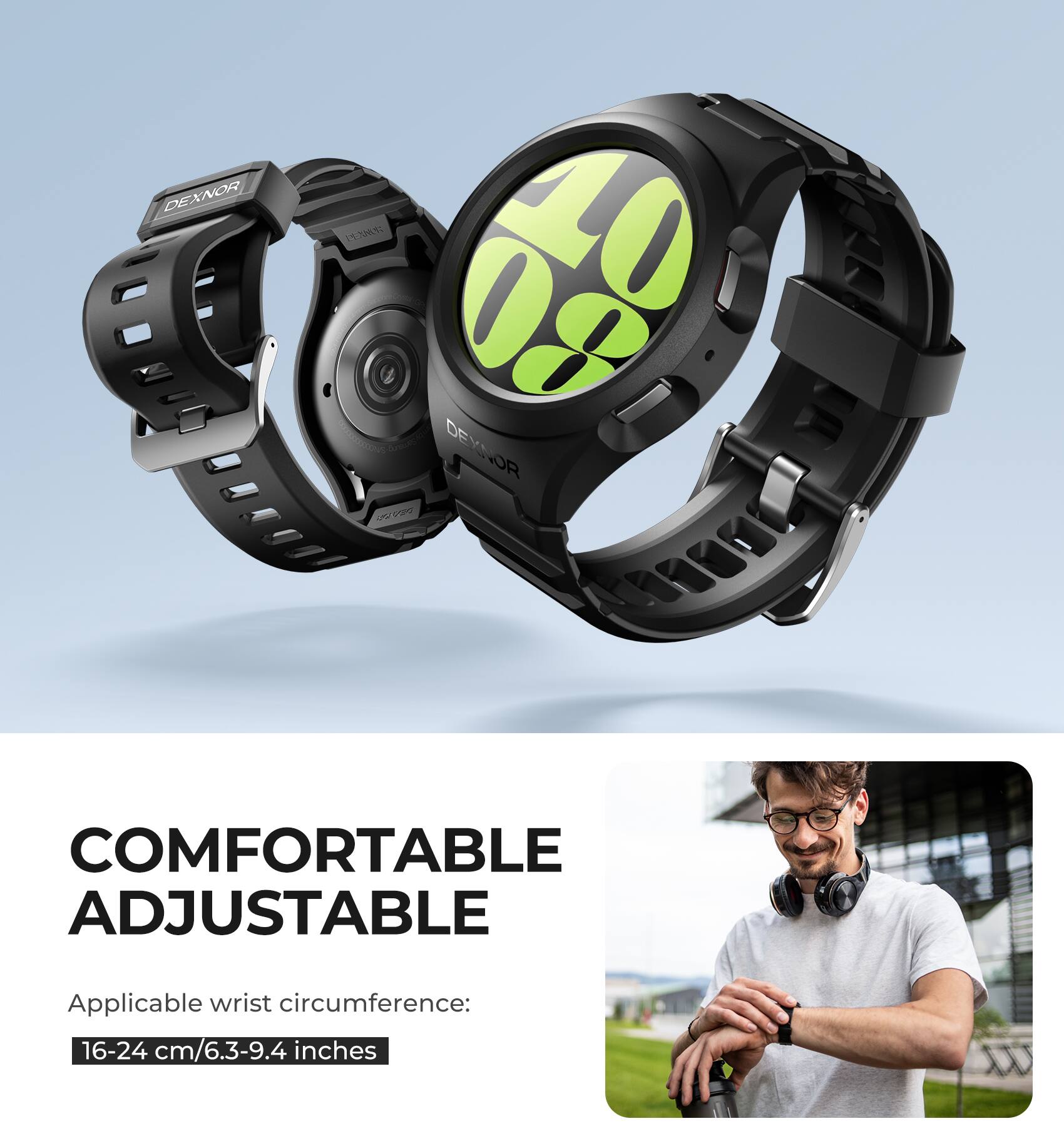 DEXNOR 1 08 40 DEYSOR noinr COMFORTABLE ADJUSTABLE

Applicable wrist circumference: 16-24 cm/6.3-9.4 inches