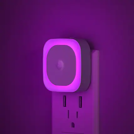 Front. Dazzed Corner - 2 Pack Dimmable Plug-in Night Light with Motion & Dusk to Dawn Sensor, Auto ON/Off - Purple.