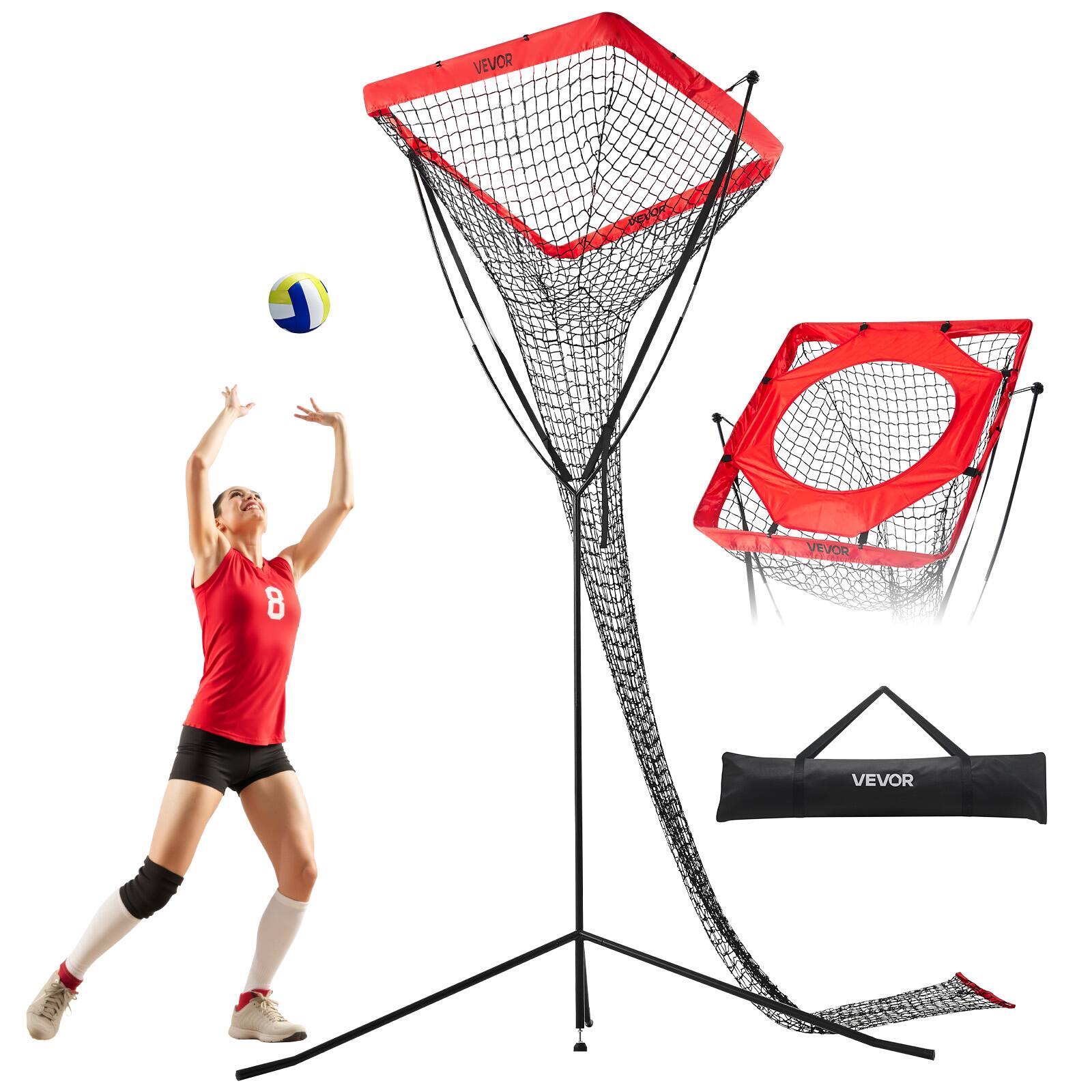 VEVOR - Volleyball Setter Training Equipment,Angle and Height Adjustable Volleyball Trainer,Portable Practice Net and Steel Base - Red and black