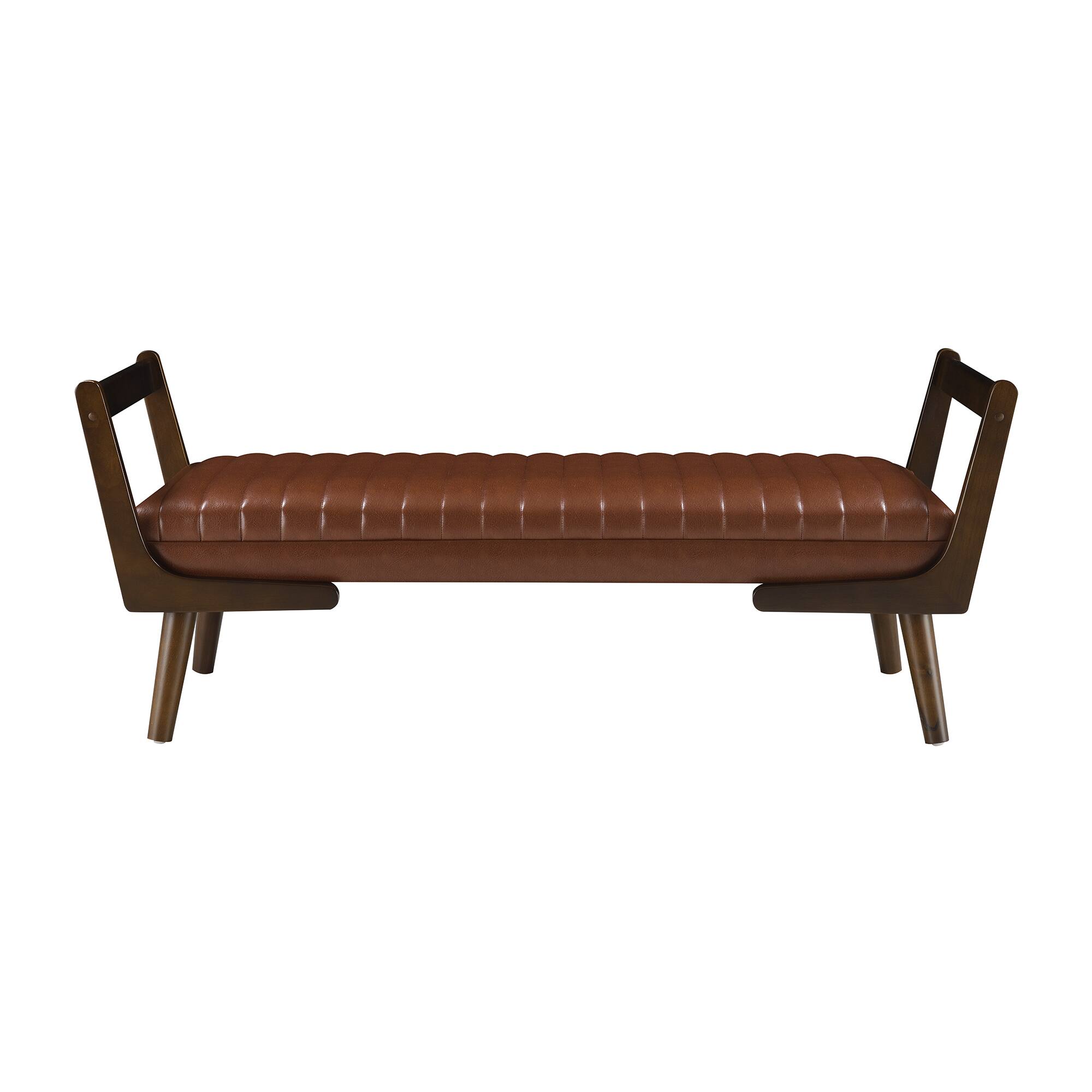 Left. GOODSILO - Mid-Century Modern Upholstered Bench with Walnut Wood Legs and Channeled Tufted Design for Living Spaces - Cognac.