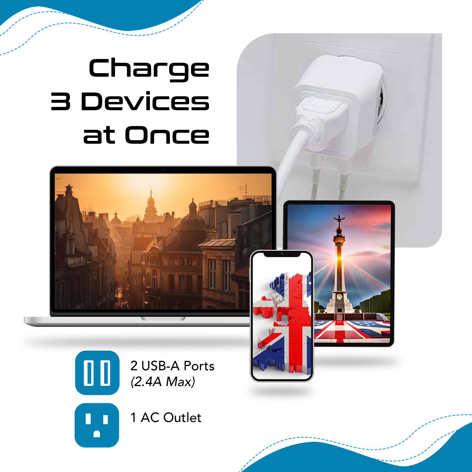 Charge 3 Devices at Once

2 USB-A Ports (2.4A Max)

1 AC Outlet
