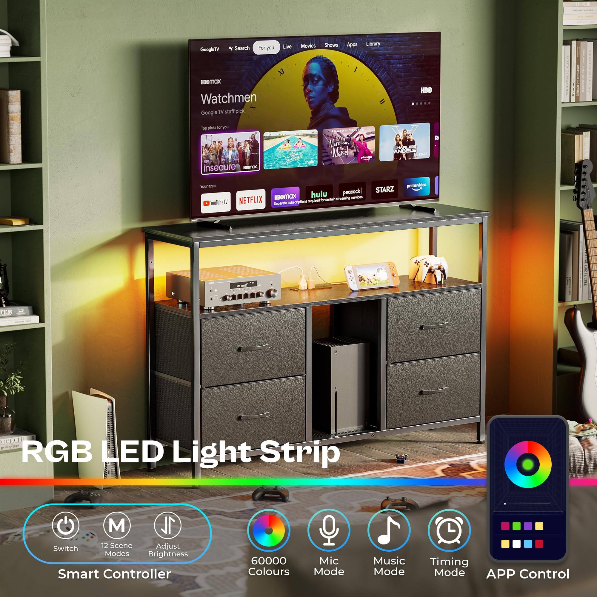 Google TV  
Search For you Live Movies Shows Appn Library  
HEVT Watchmen Google TV staff pick HBO Tor pidka fr - insecure - Mate RNSIC - - hulu pescock, HBeMCX - - ToolabeTE NETFLIX SApaTe U mde - STARZ prieme vigue IE CKRT  
RGB LED Light Strip  
12 Scene Adjust Switch Modes Brightness Smart Controller  
60000 Colours Mic Mode Music Mode Timing Mode APP Control