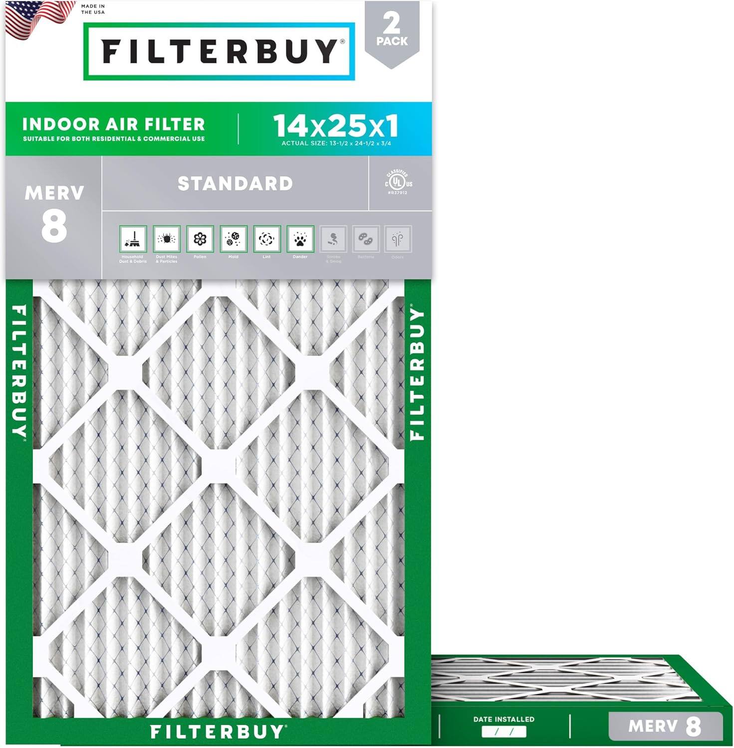 ADS - THE ... 2 PACK FILTERBUY INDOOR AIR FILTER SUITABLE FOR BOTH RESIDENTIAL & COMMERCIAL USE 14x25x1 ACTUAL SIZE 13-1/2 24 1./6 MERV 8 FILTERBUY - STANDARD DE UL  .... FILTERBUY FILTERBUY DATE INSTALLED | MERV 8