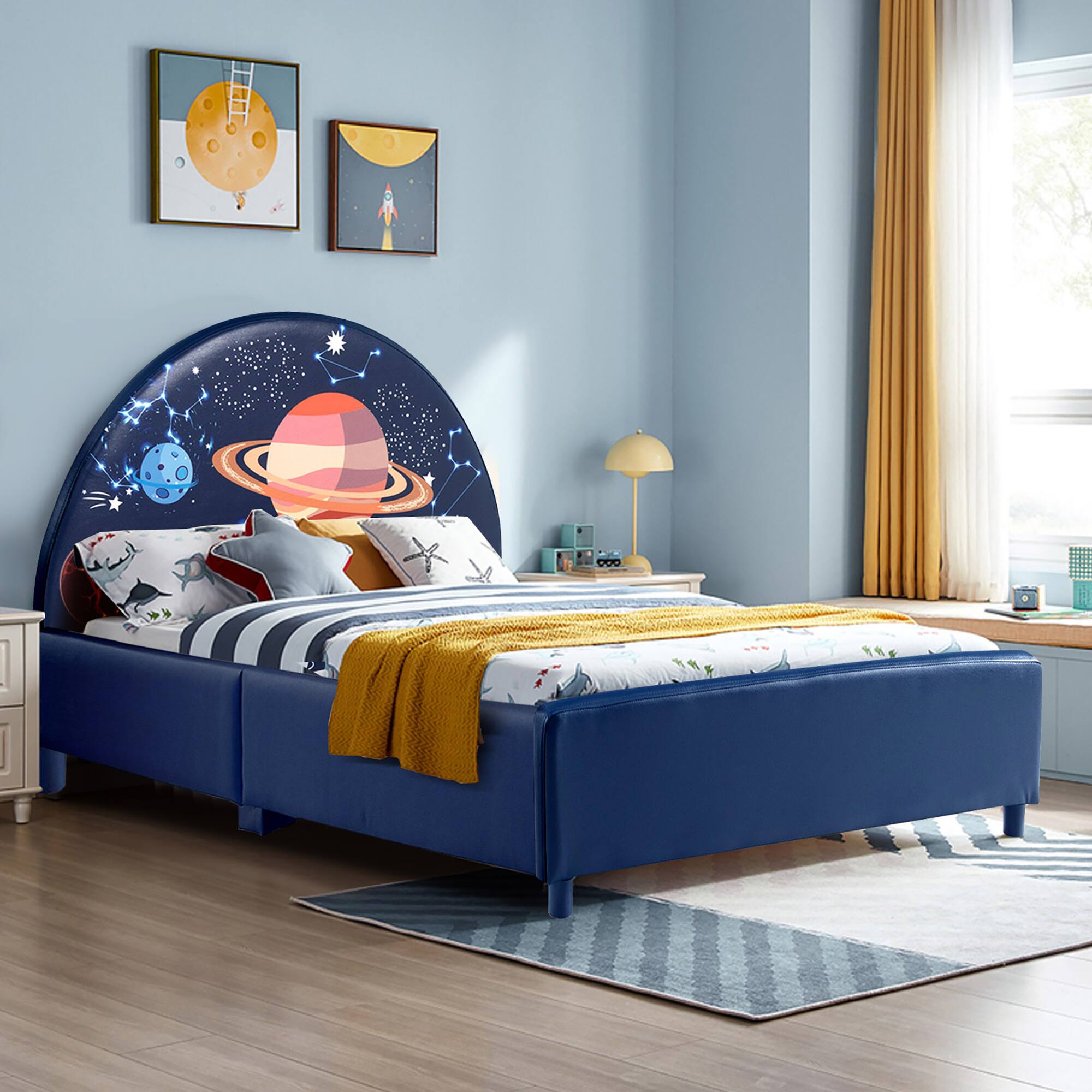 Alt View 1. Costway - Costway Kids Upholstered Platform Bed Children Twin Size Wooden Bed Galaxy Pattern - Blue.