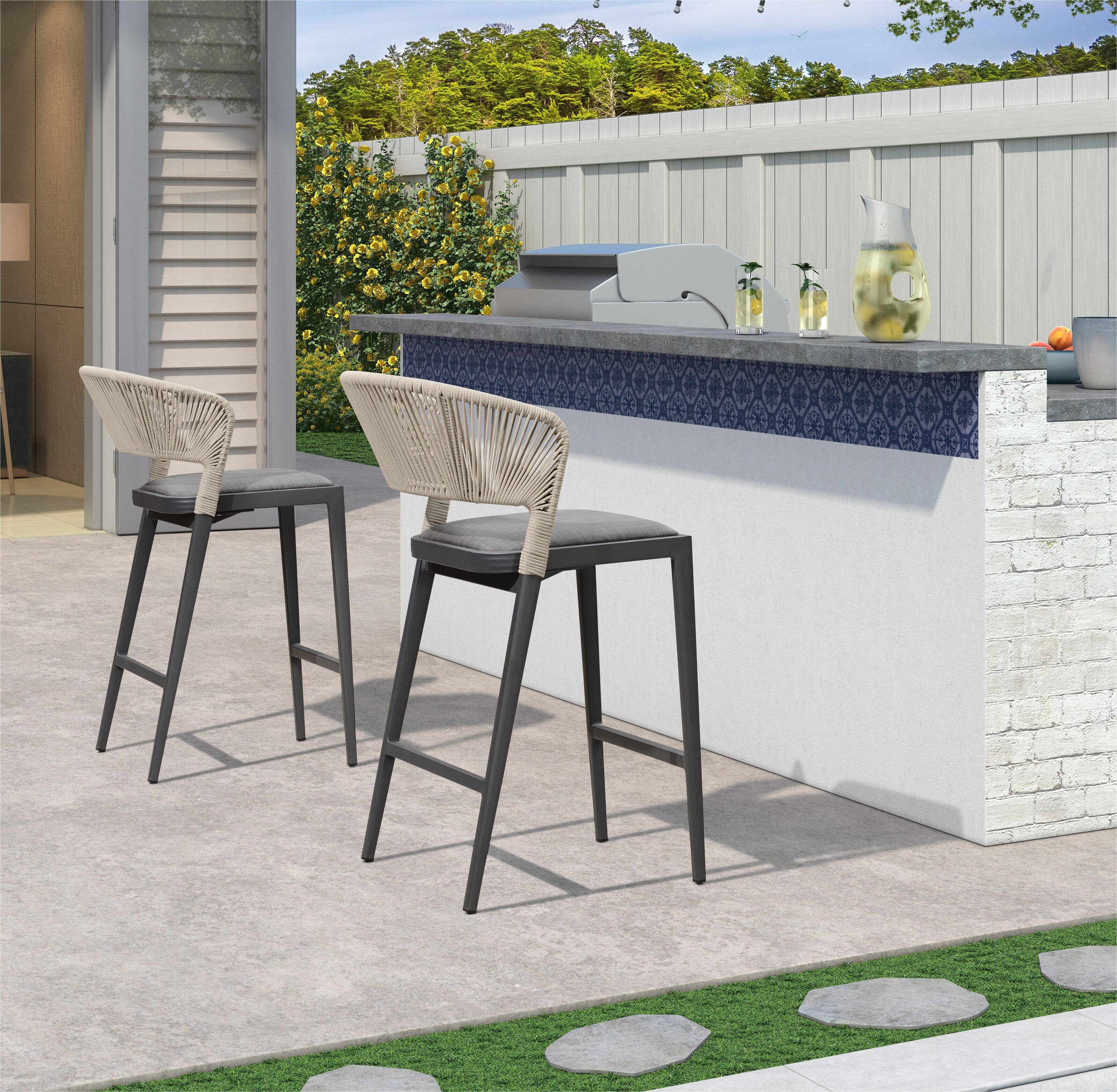 Alt View 1. PURPLE LEAF - Outdoor Bar Stool Set of 2 Rattan Bar Stools with Back Metal Bar Height Stool Outdoor Bar Chair for Garden Kitchen - Dark Grey-Counter Height.