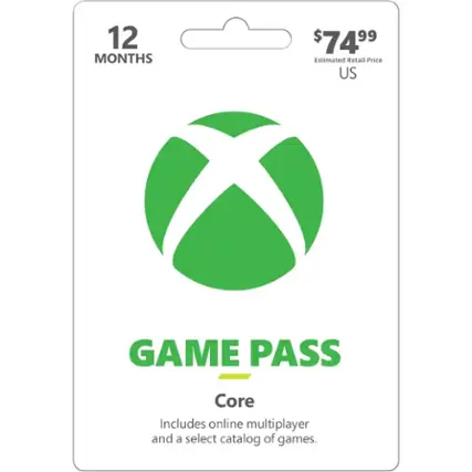 12 months $74.99 Estimated Retail Price US Game Pass Core Includes online multiplayer and a select catalog of games.