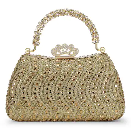 Front. Unique Bargains - Rhinestones Evening Bag for Women, Shiny Sequin Evening Clutch Wedding Purse for Bride Party Formal - Gold.