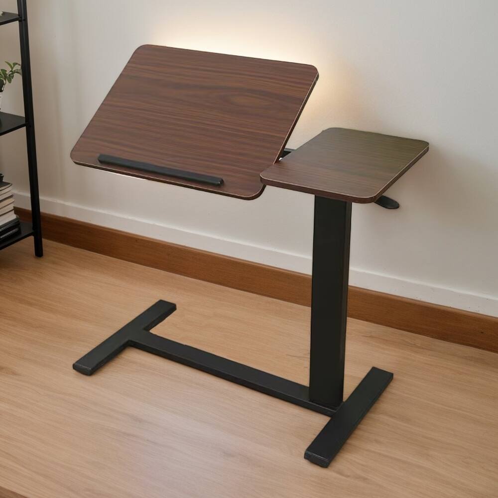 Alt View 7. Loheer - Loheer Walnut Overbed Table Rolling Laptop Stand Adjustable Height Bedside Desk with Hidden Wheels Tilting Tray for Sofa - Walnut.