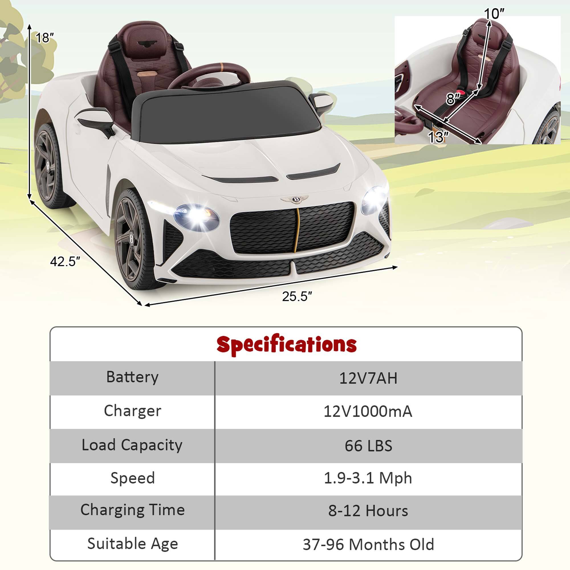 10"  
18"  
F  
8"  
13"  
42.5"  
25.5"  

Specifications  
Battery: 12V7AH  
Charger: 12V1000mA  
Load Capacity: 66 LBS  
Speed: 1.9-3.1 Mph  
Charging Time: 8-12 Hours  
Suitable Age: 37-96 Months Old