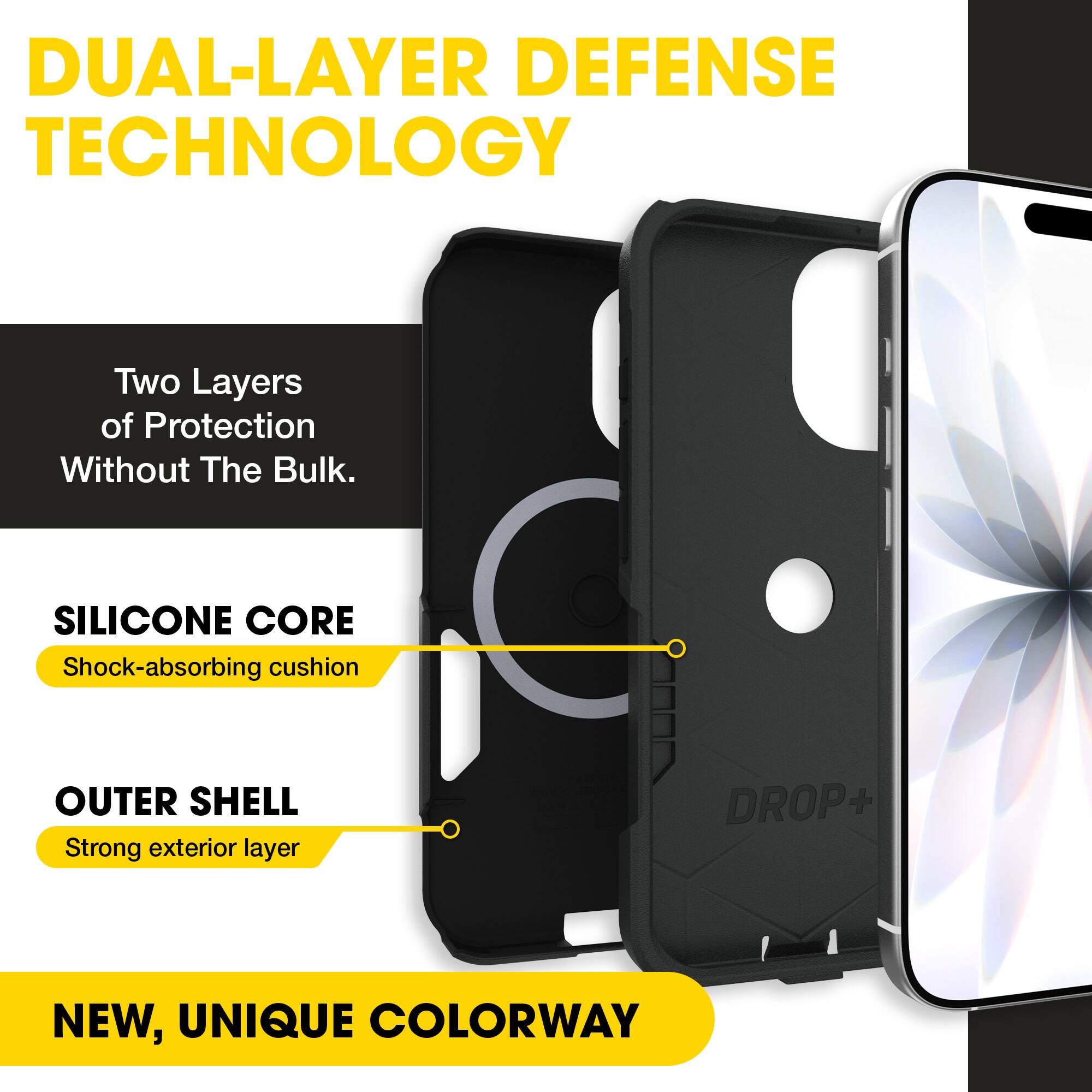 DUAL-LAYER DEFENSE TECHNOLOGY  
Two Layers of Protection Without The Bulk.  
SILICONE CORE  
Shock-absorbing cushion  
OUTER SHELL  
Strong exterior layer  
DROP+  
NEW, UNIQUE COLORWAY