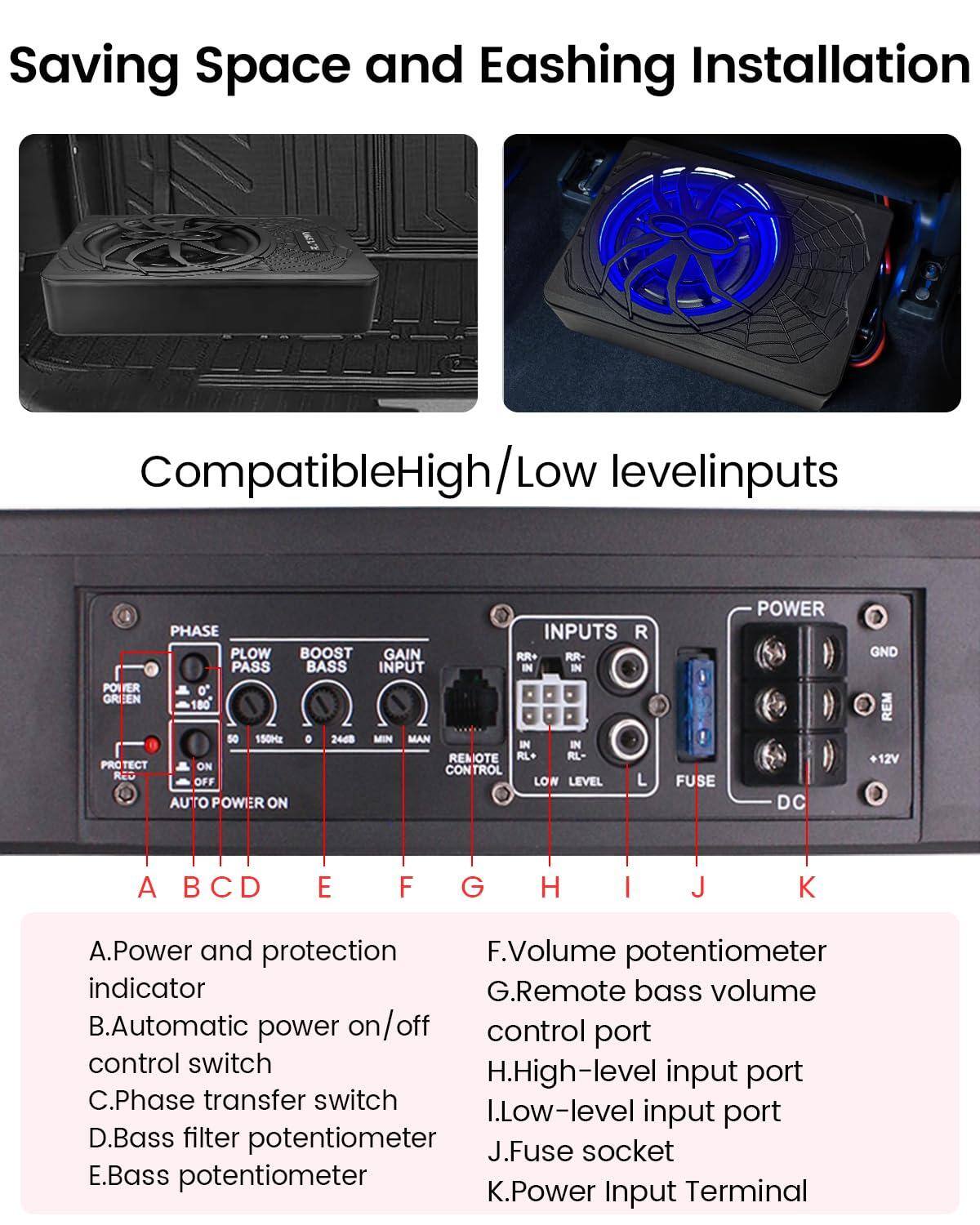 Sure, here is the corrected and grouped text:

---

**Saving Space and Eashing Installation**

**Compatible High/Low level inputs**

**A. Power and protection indicator**

**B. Automatic power on/off control switch**

**C. Phase transfer switch**

**D. Bass filter potentiometer**

**E. Bass potentiometer**

**F. Volume potentiometer**

**G. Remote bass volume control port**

**H. High-level input port**

**I. Low-level input port**

**J. Fuse socket**

**K. Power Input Terminal**

---

**Inputs:**

- **R** (Right)
- **L** (Left)
- **RR-** (Right Rear)
- **RL-** (Left Rear)

**Phase Inputs:**

- **PLOW PASS**
- **BOOST BASS**
- **GAIN INPUT**

**Remote Control:**

- **REMOTE CONTROL**

**Power:**

- **POWER**
- **GND**
- **+12V**

**Other:**

- **PROTECT**
- **AUTO POWER ON**

---

This should make the text clearer and easier to understand.