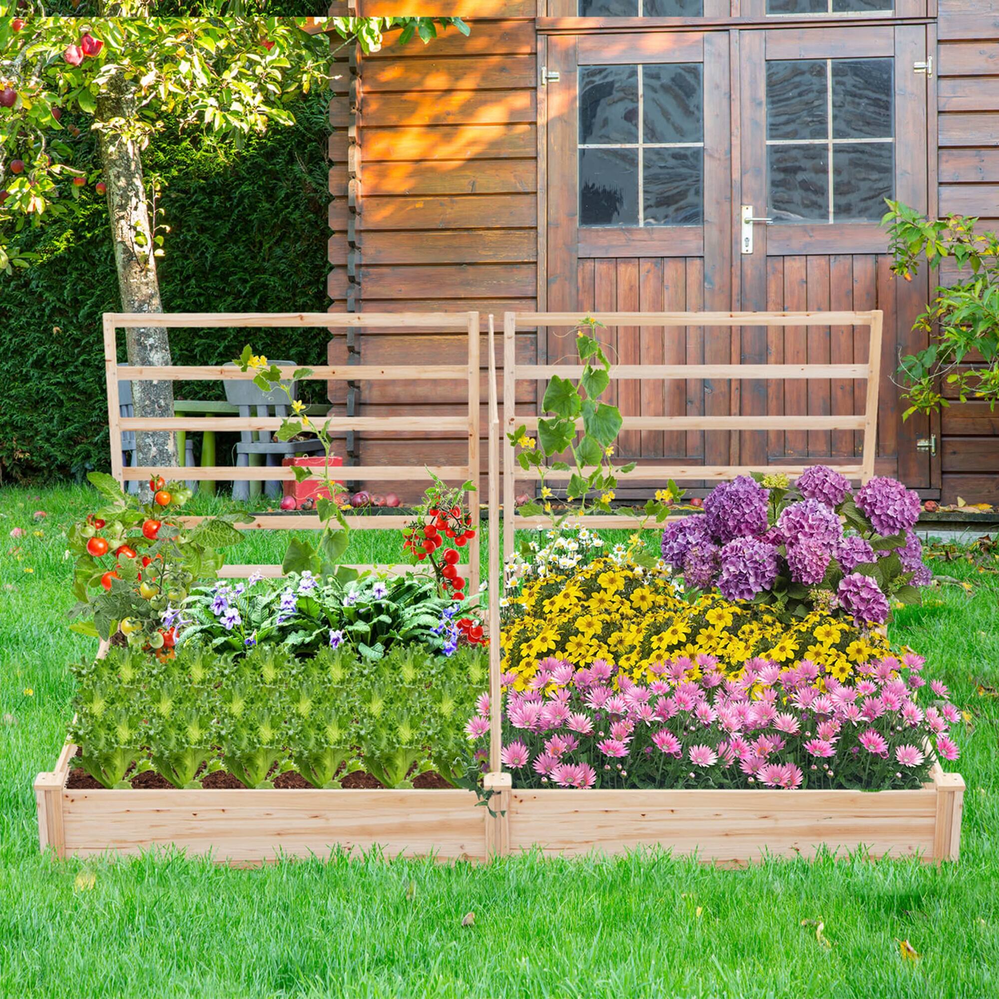 Alt View 4. Costway - Raised Garden Bed with 3 Trellises with Divided Compartments for Flowers - Natural.