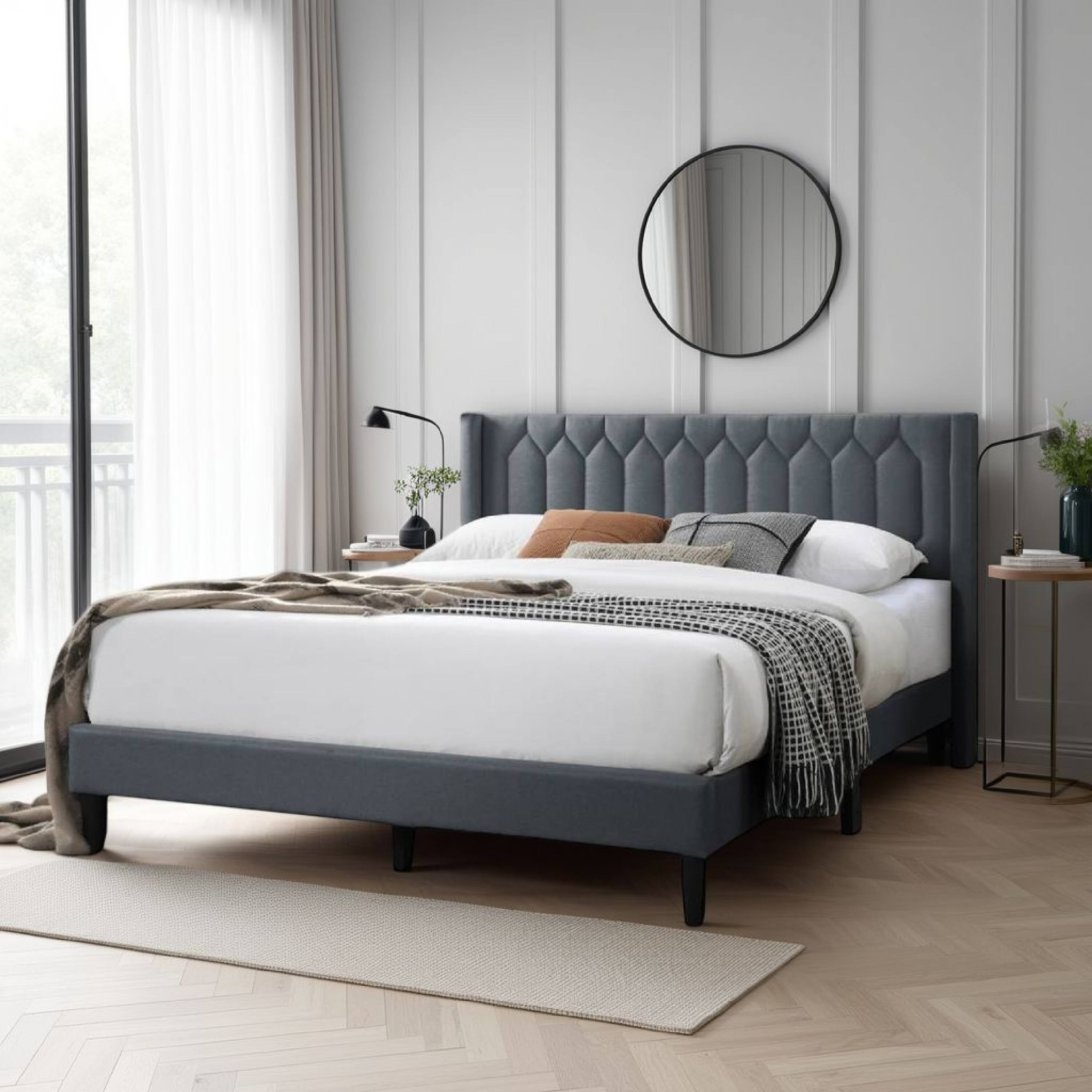 Alt View 5. Manhattan Lane - Jeo Queen Size Bed, Geometric Stitched Charcoal Gray Burlap Upholstery - Charcoal Gray, Black.