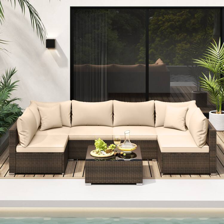 Left. SlickBlue - 7 Piece Patio Rattan Furniture Set with Sectional Sofa and Cushions - Beige.