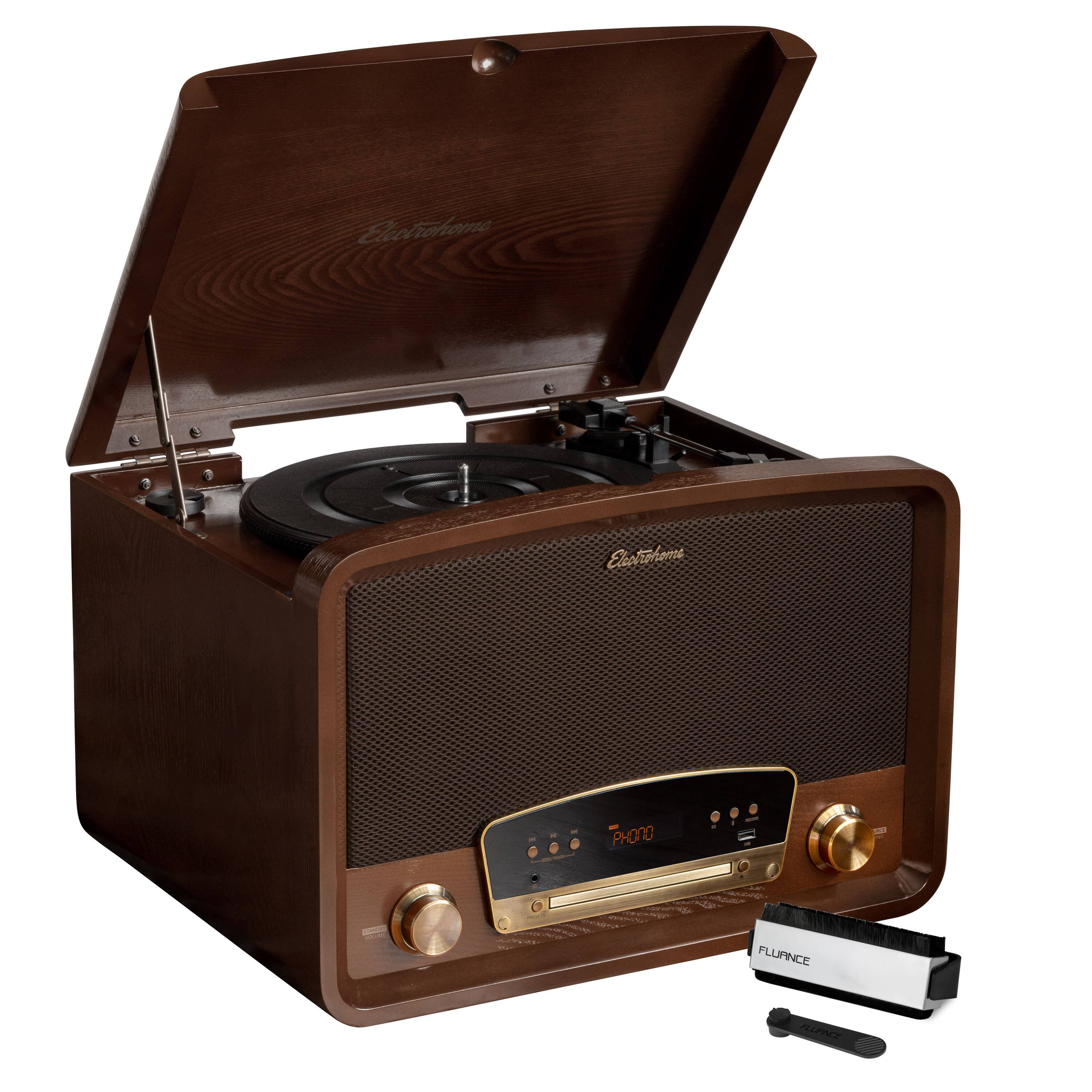 Electrohome - Kingston Vintage Vinyl Record Player, Turntable Bluetooth Radio CD Aux USB Vinyl to MP3, Record Cleaning Kit - Walnut