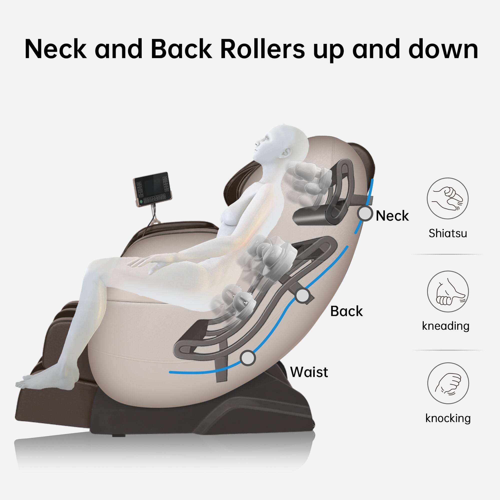 Neck and Back Rollers up and down

- Neck: Shiatsu
- Back: kneading
- Waist: knocking