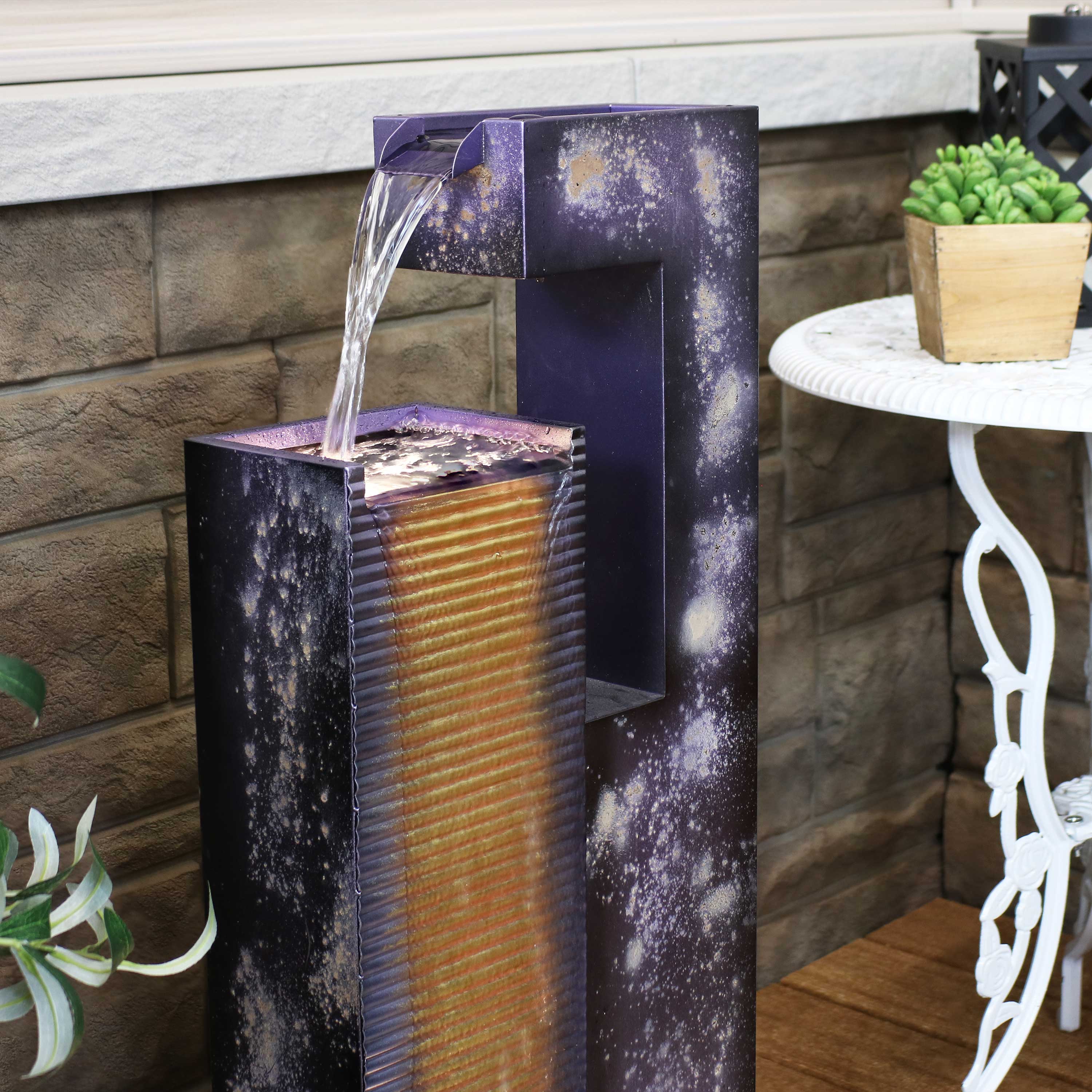 Alt View 7. Sunnydaze - Cascading Tower Metal Water Fountain with LED Lights - 32 in - Dark Purple.