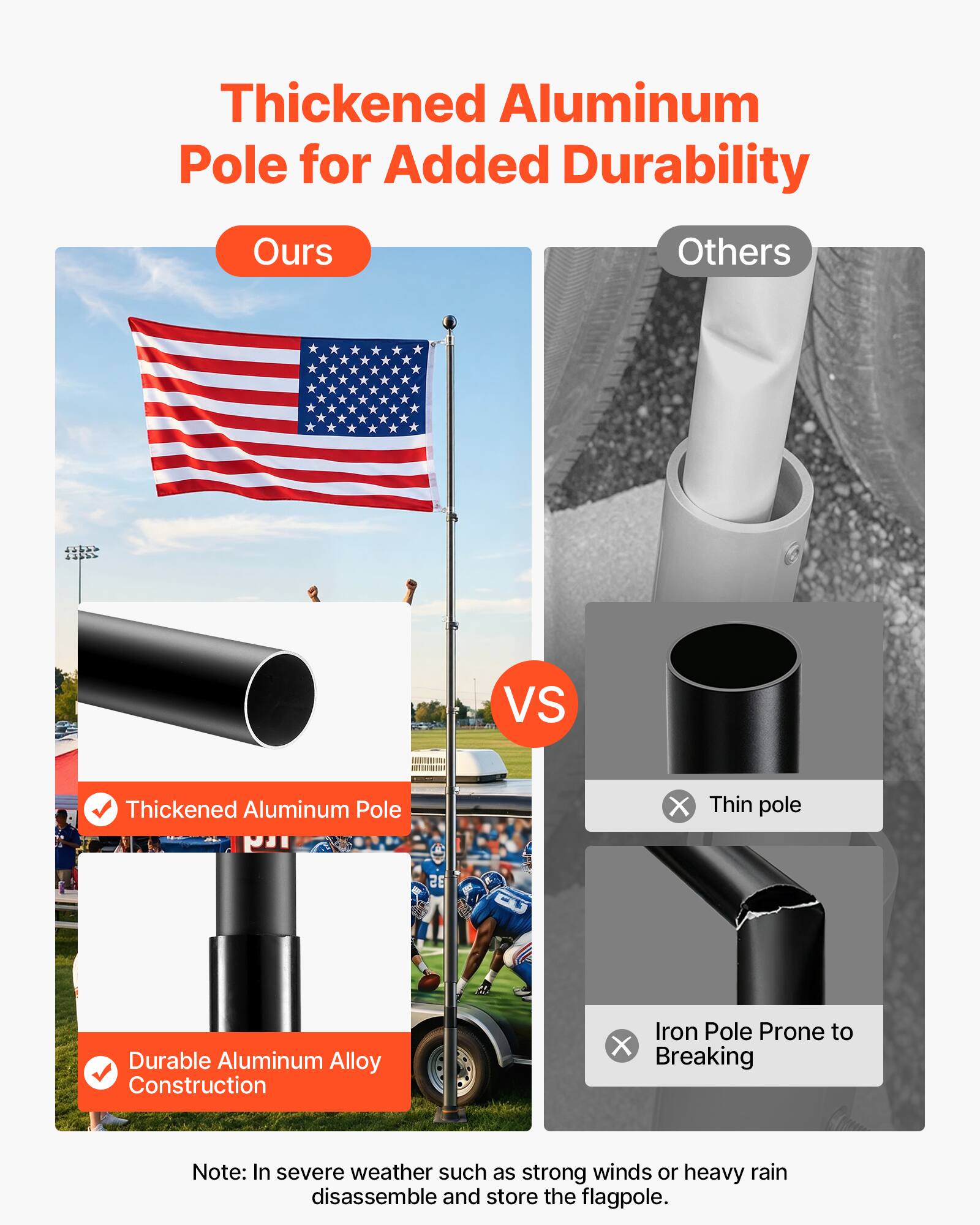 Thickened Aluminum Pole for Added Durability

Ours
- Thickened Aluminum Pole
- Durable Aluminum Alloy Construction

Others
- Thin pole
- Iron Pole Prone to Breaking

Note: In severe weather such as strong winds or heavy rain, disassemble and store the flagpole.