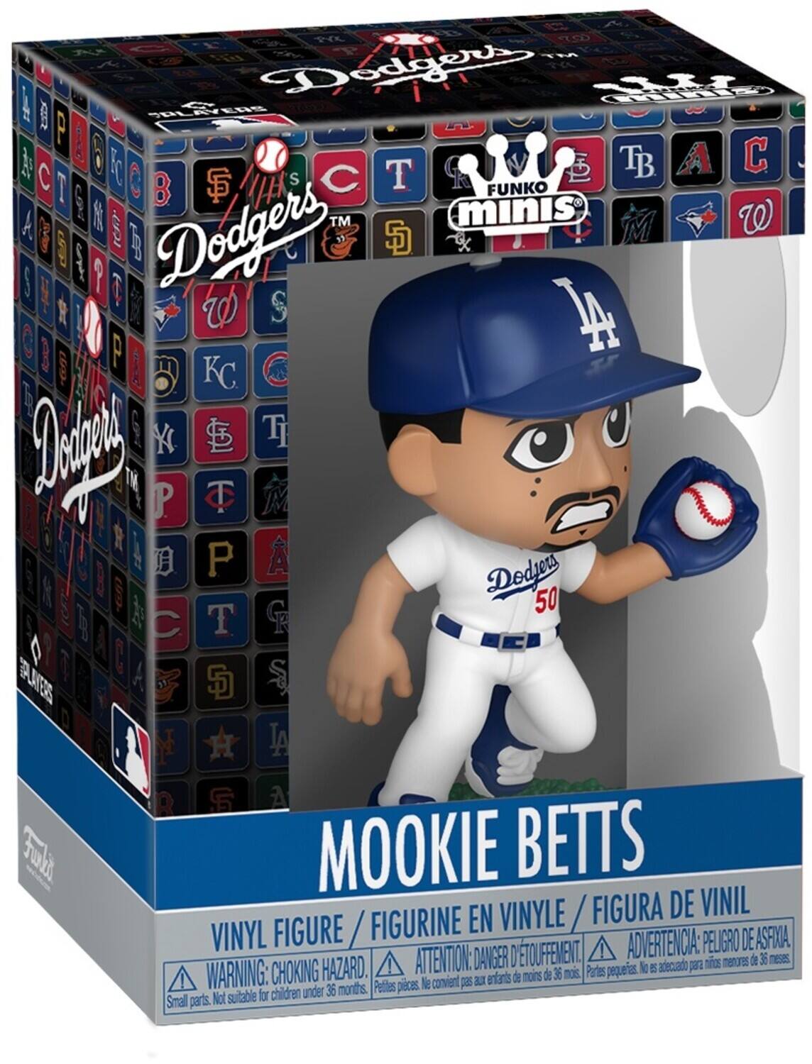 O CP TM Dodgers h C SpLe 2 ENS P F To B TB A I B SF S C T FUNKO I minis TM M W Dodgers S J S P W S LA P EO KC X T 1 P C B P Dodjers 50 C T ? EA SD dleut A MOOKIE BETTS VINYLE / FIGURA DE VINIL FIGURINE EN VINYL ETOUFEMENT ! ADVERTENCIA: PELIGRO DE ASFIXIA, ! ATTENTION: DAVGER D adecuado para mios menores de 36 meses. CHOKING HAZARD. 36 mos Partes pequeias. No EX ! WARNING: 36 months. Petites pieces Ne convient pas a entants de mons de Not suitable for children under Small parts.