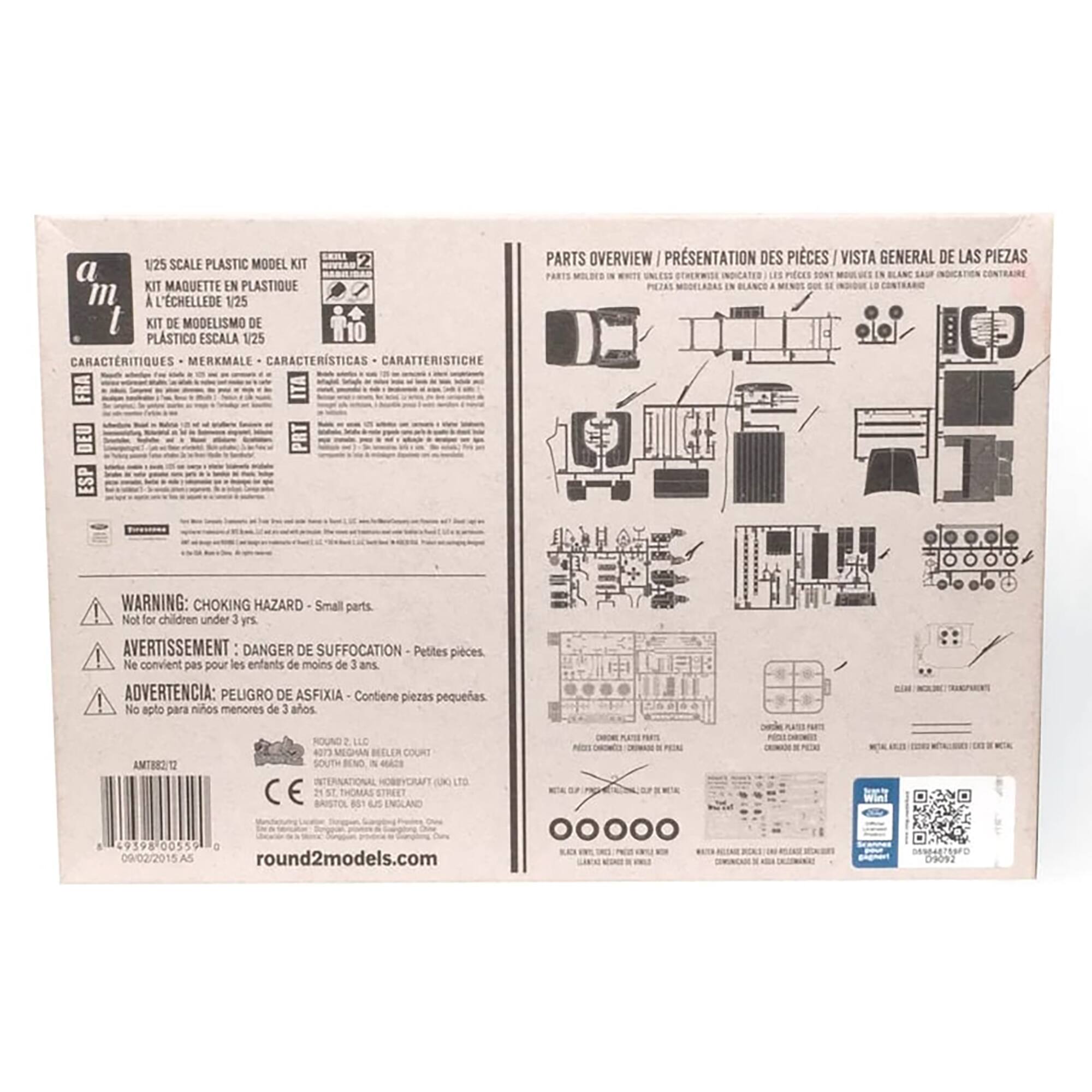 The image shows a box with a diagram of a model kit, which is a 1/25 scale plastic model kit. The box also contains a parts overview and a warning about small parts, indicating that it is not suitable for children under 3 years of age. The box is marked with a barcode, and the manufacturer is Round 2 LLC. The model kit is likely for a car, as suggested by the presence of a diagram and the scale of the model.