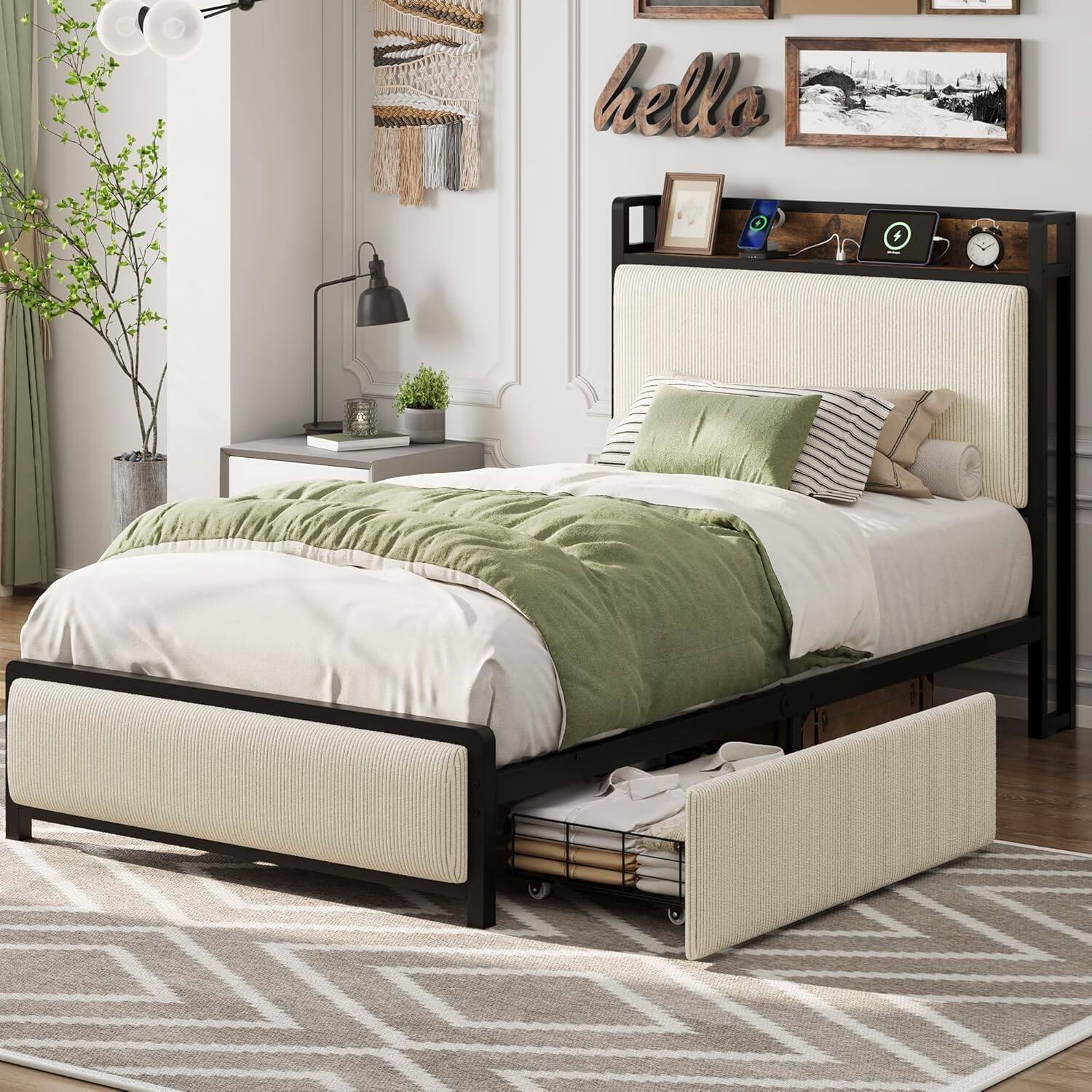Back. Jojoka - Twin Size Bed Frame with 2 Storage Drawers, Charging Station, Linen Headboard, No Box Spring, Beige, Easy Assembly - Beige.