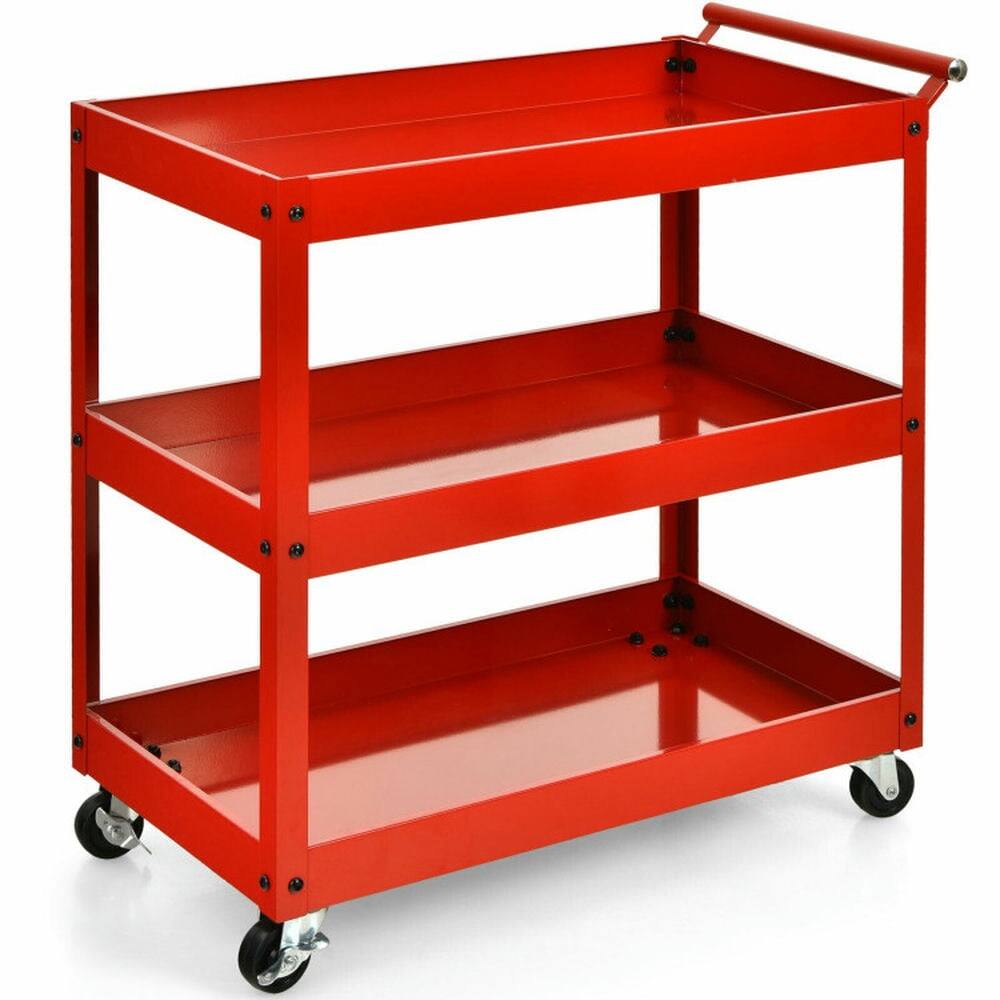 Back. Kadyn - 3-Tier Utility Cart Metal Mental Storage Service Trolley-Red, Kitchen Island, Island Table for Kitchen,Dinning Room - Red.