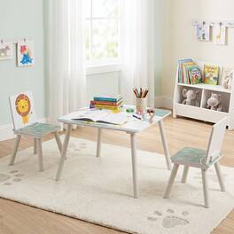 Costway - 3PCS Kids Table & Chairs Set with Animal Patterns Solid Wood Legs Rounded Corners - White + Green + Yellow