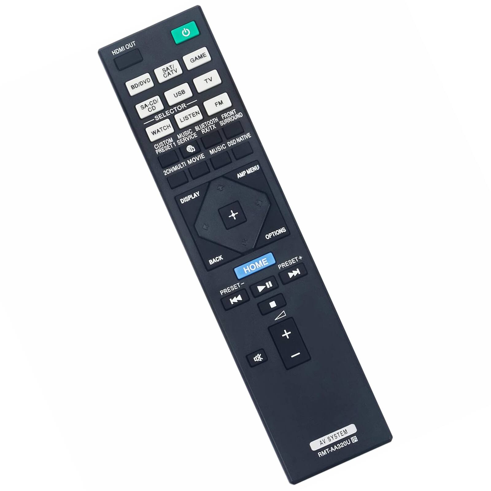 HDMI OUT  
GAME  
SAT/CATV  
TV  
BD/DVD  
USB  
SA-CD/CD  
SELECTOR  
LISTEN  
WATCH  
MUSIC SERVICE  
RADIO  
MUSIC SURROUND  
CUSTOM PRESET1  
2CH/MULTI  
MOVIE  
DSD NATIVE  
RMT-AA320U  
AV SYSTEM  
DISPLAY  
OPTIONS  
MENU  
HOME  
PRESET+  
PRESET-  
BACK  
AV SYSTEM  
RMT-AA320U