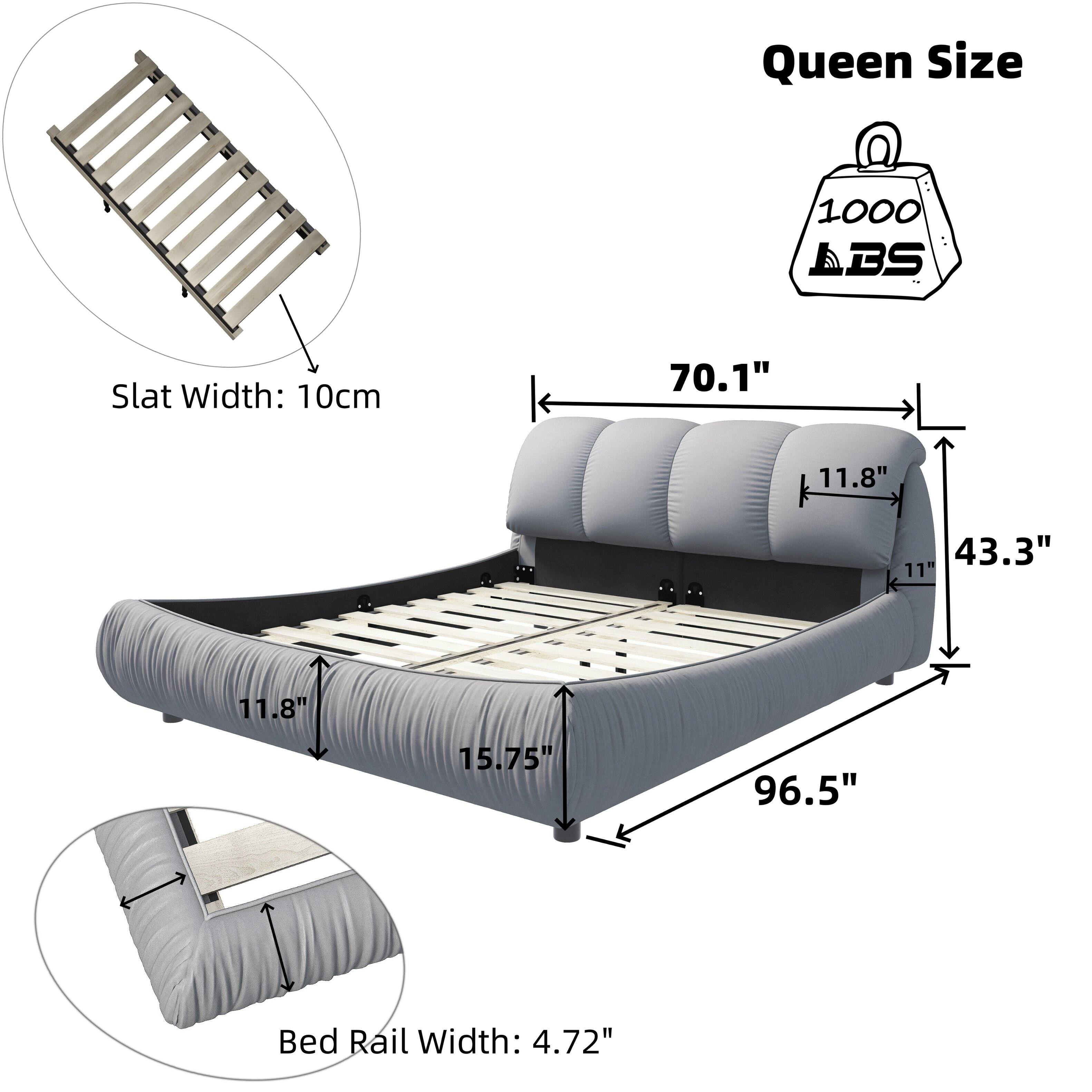 Queen Size  
1000 ABS  
Slat Width: 10cm  
Bed Rail Width: 4.72"  

Dimensions:  
- Length: 96.5"  
- Width: 70.1"  
- Height: 11.8"  
- Depth: 43.3"  
- Slat Spacing: 11"  
- Rail Width: 4.72"