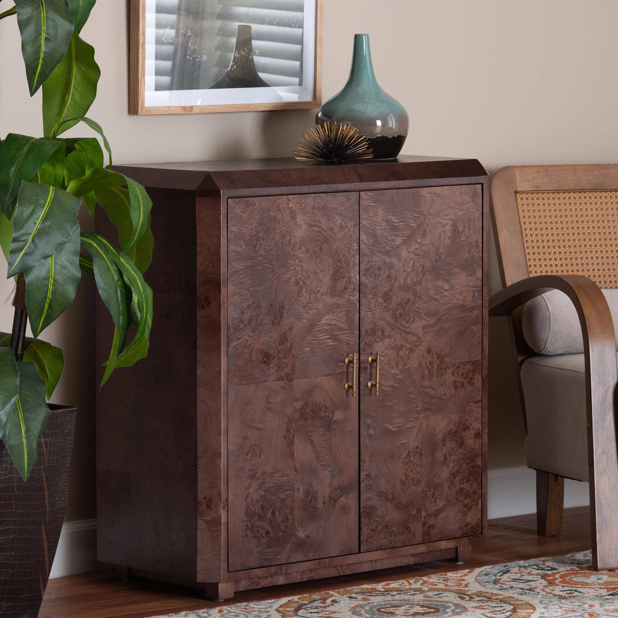 Alt View 4. bali & pari - Valora Real Burl Wood Storage Cabinet - Modern Accent Cupboard with Double Doors and Brass Handles, Elegant Sideboard - Dark Walnut.