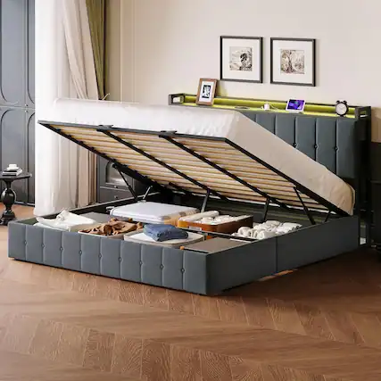 Front. GARVEE - King Bed Frame with Lift-Up Storage & LED Lights, Velvet, Dark Grey – Spacious King Velvet Bed with LED & Storage - Gray with LED.