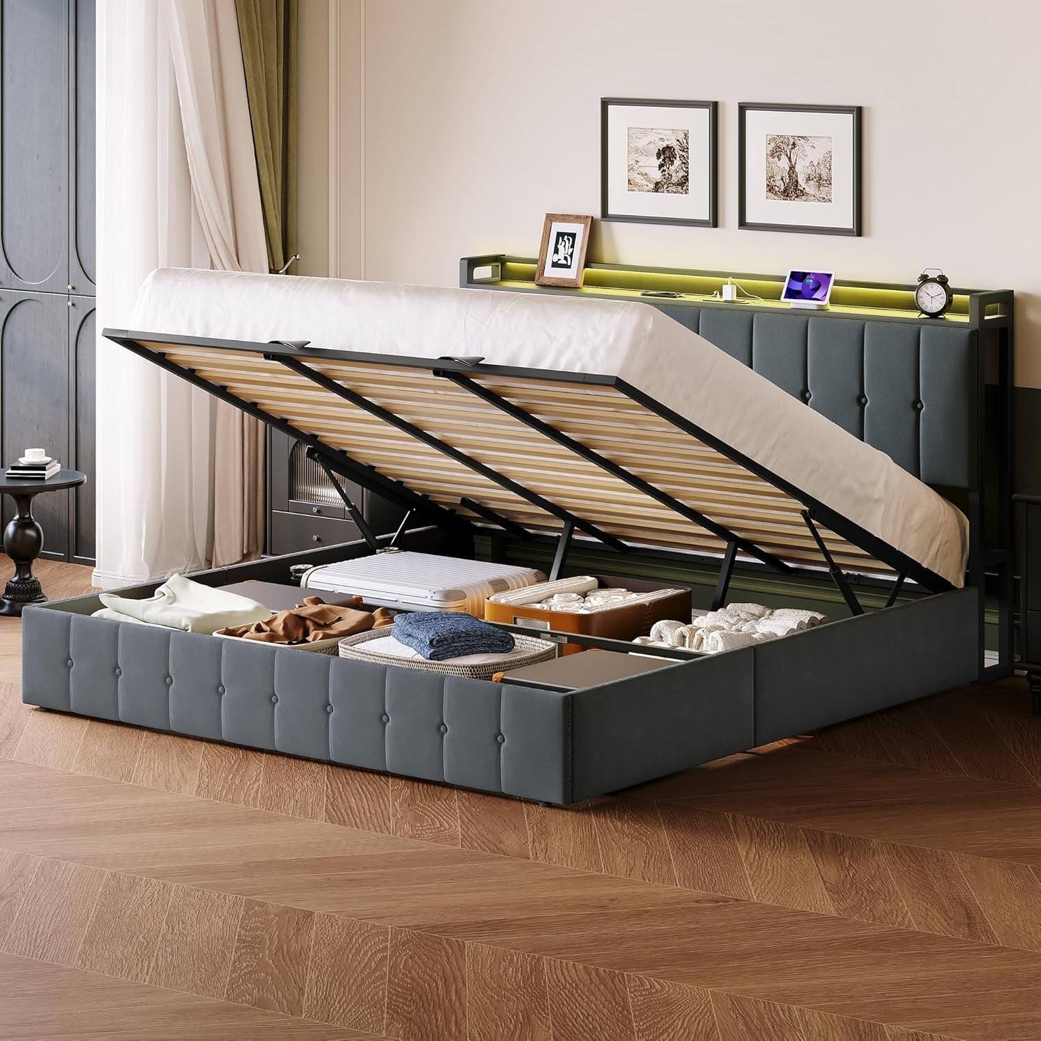 Front. GARVEE - King Bed Frame with Lift-Up Storage & LED Lights, Velvet, Dark Grey – Spacious King Velvet Bed with LED & Storage - Gray with LED.