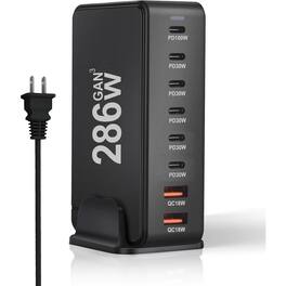 MOSZAR LLC - 286W 8-Port GaN USB-C Charging Station for Laptops, Tablets & Phones - Black