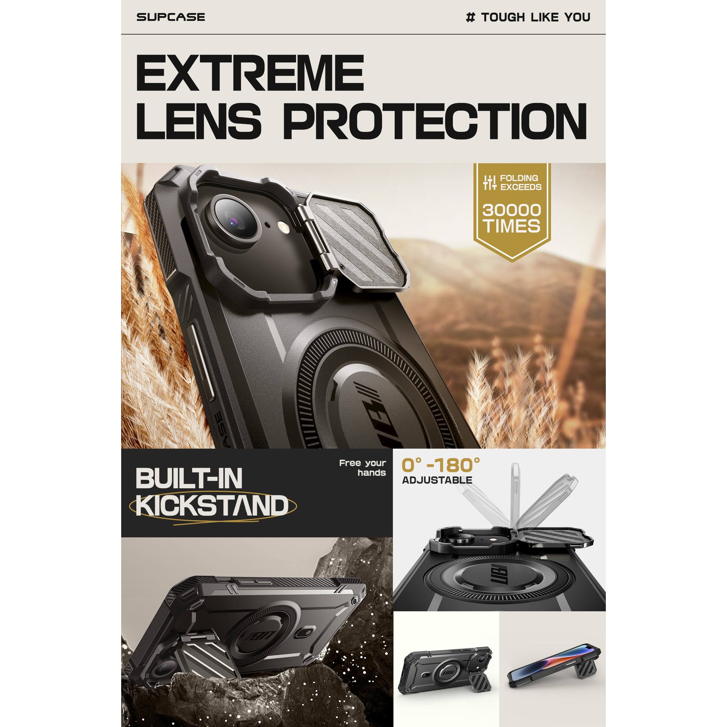 SUPCASE  
# TOUGH LIKE YOU  

EXTREME LENS PROTECTION  

FOLDING EXCEEDS 30000 TIMES  

BUILT-IN KICKSTAND  

Free your hands  

0° - 180° ADJUSTABLE
