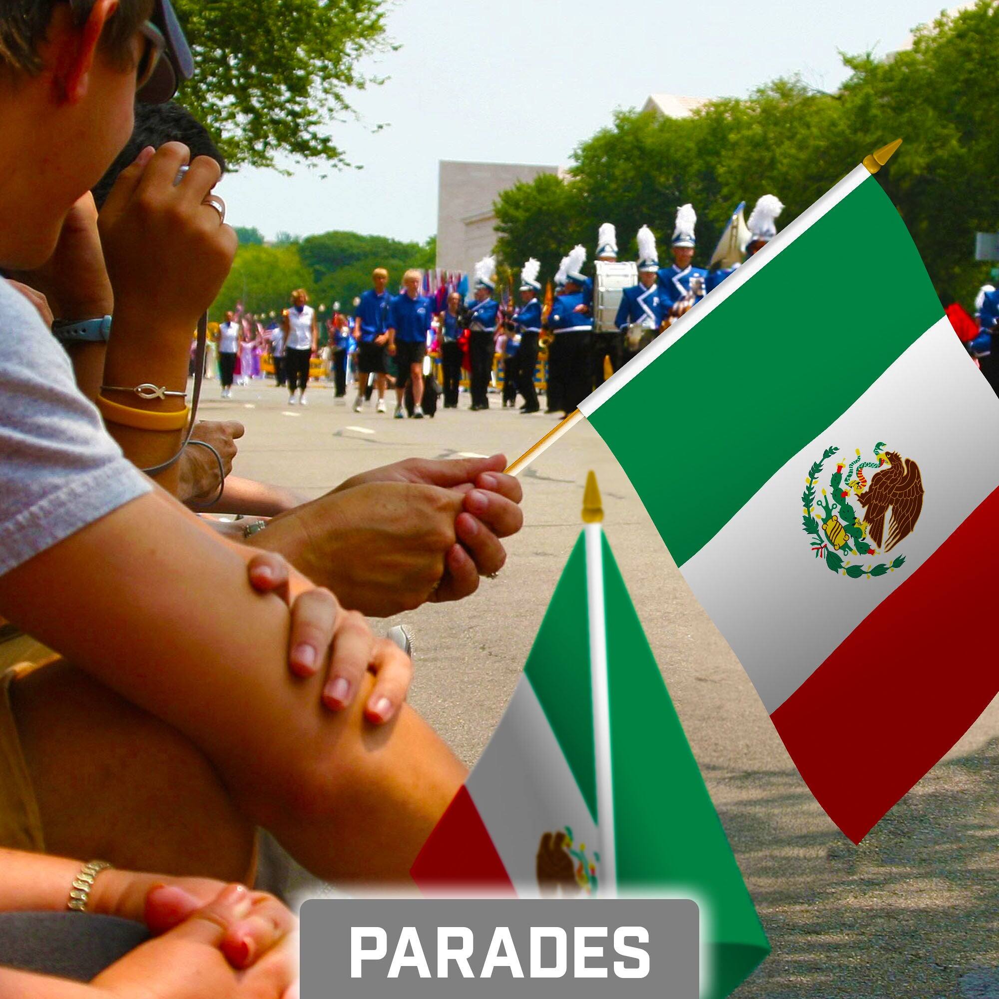 Alt View 1. G128 - 50-Pack Handheld Mexico Flags, 8 x 12 in, 150D Polyester with Wooden Stick and Gold Spear Tip. - Assorted Colors.