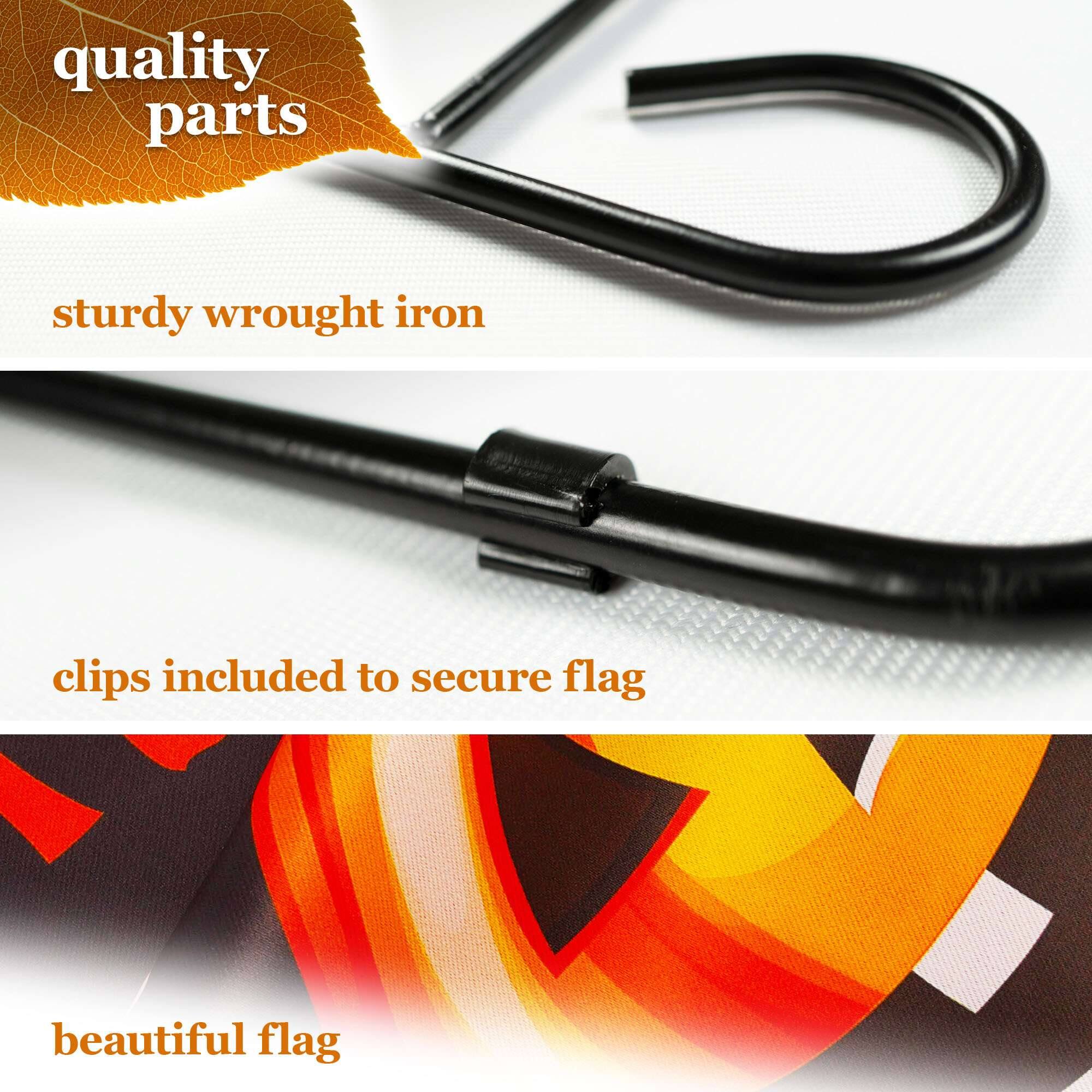quality parts  
sturdy wrought iron  
clips included to secure flag  
beautiful flag
