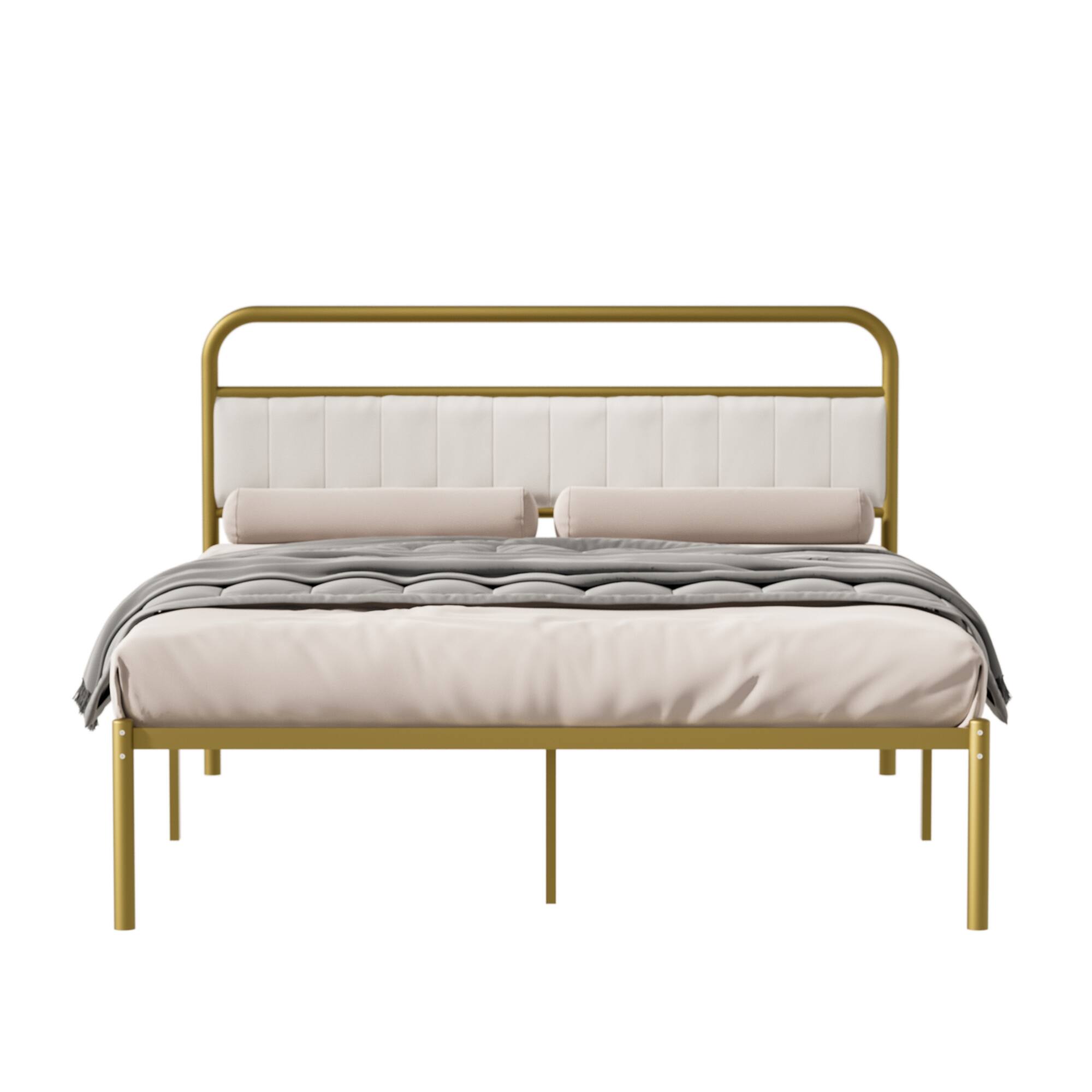 Angle. GOODSILO - Queen-Size Upholstered Platform Bed Frame with Metal and Wood Construction Adjustable for Various Settings - Beige+Gold.