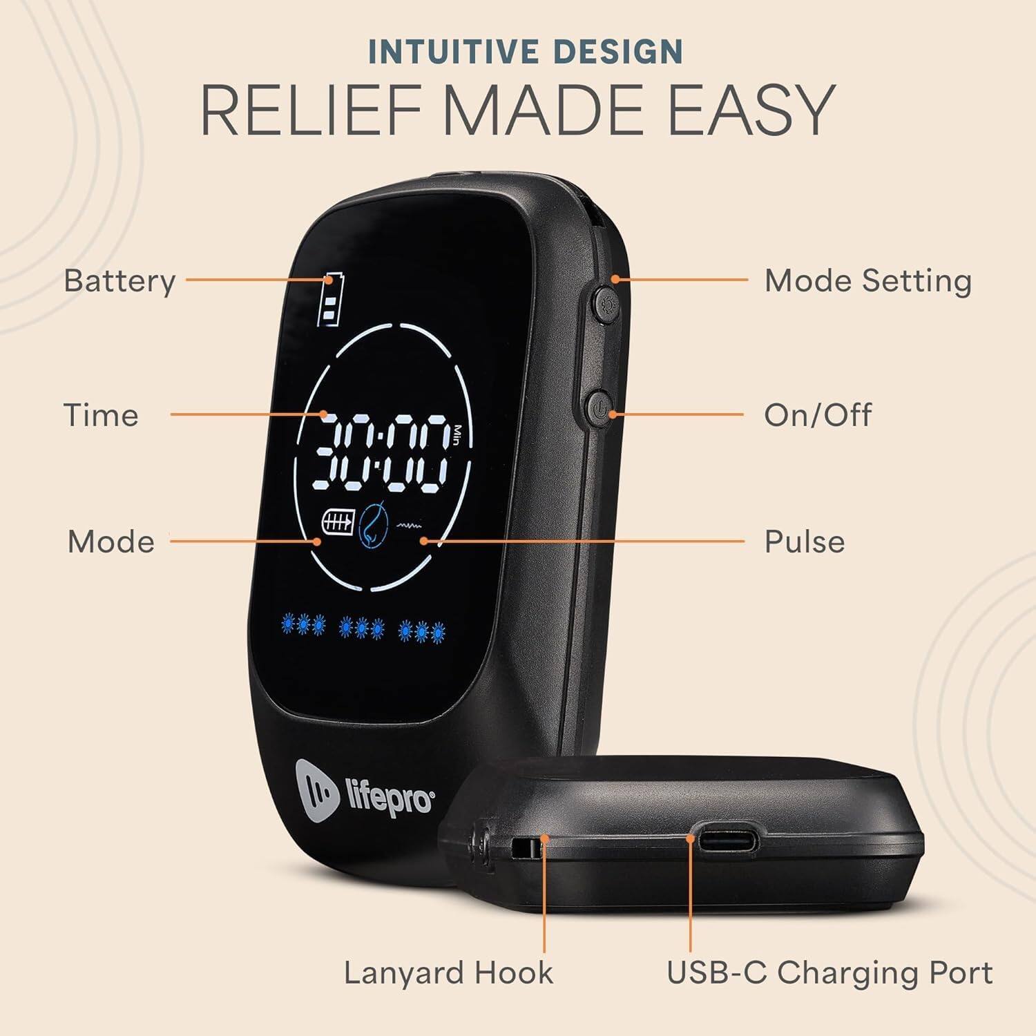 INTUITIVE DESIGN  
RELIEF MADE EASY  

- Battery  
- Time  
- Mode  
- Mode Setting  
- On/Off  
- Pulse  
- Lanyard Hook  
- USB-C Charging Port