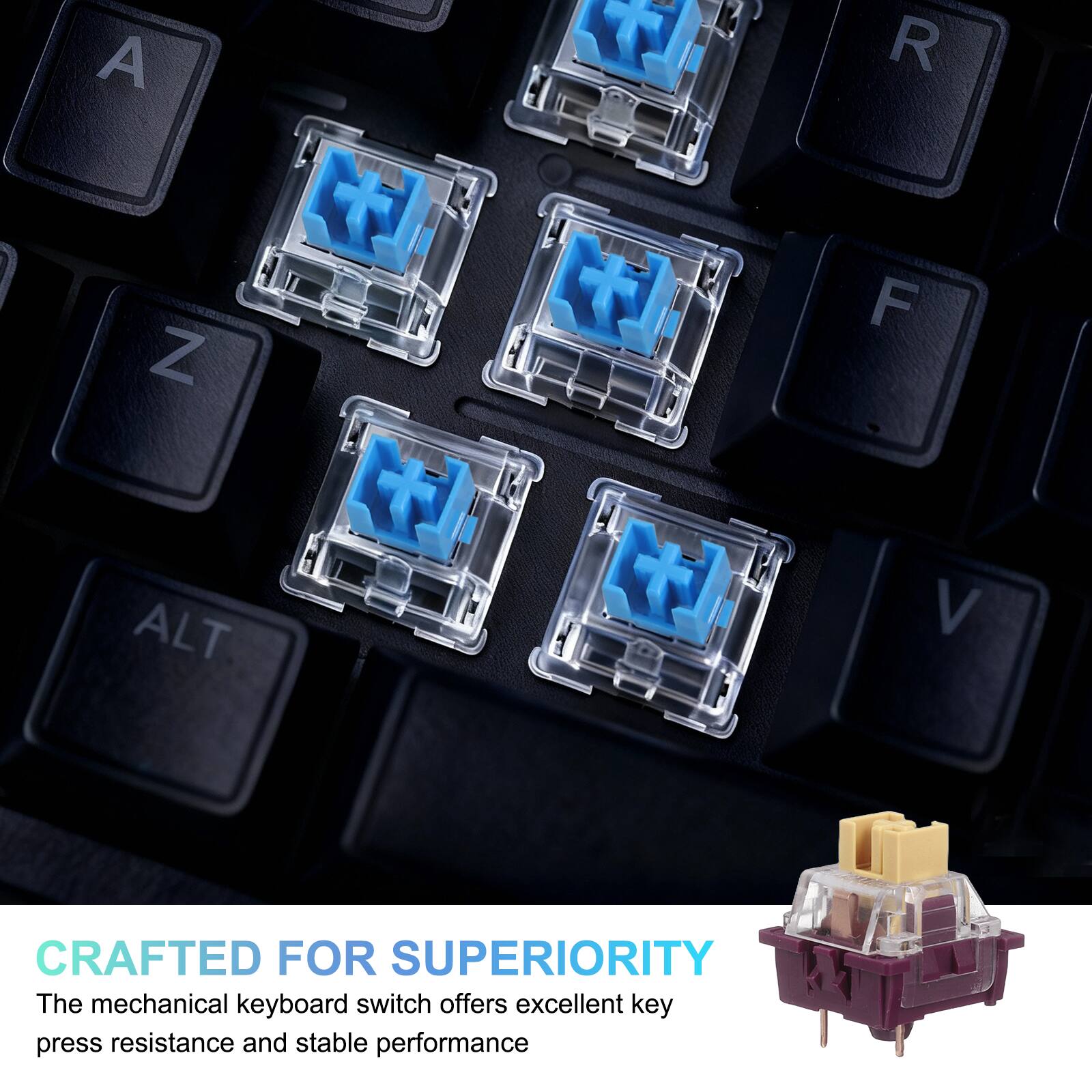 CRAFTED FOR SUPERIORITY

The mechanical keyboard switch offers excellent key press resistance and stable performance