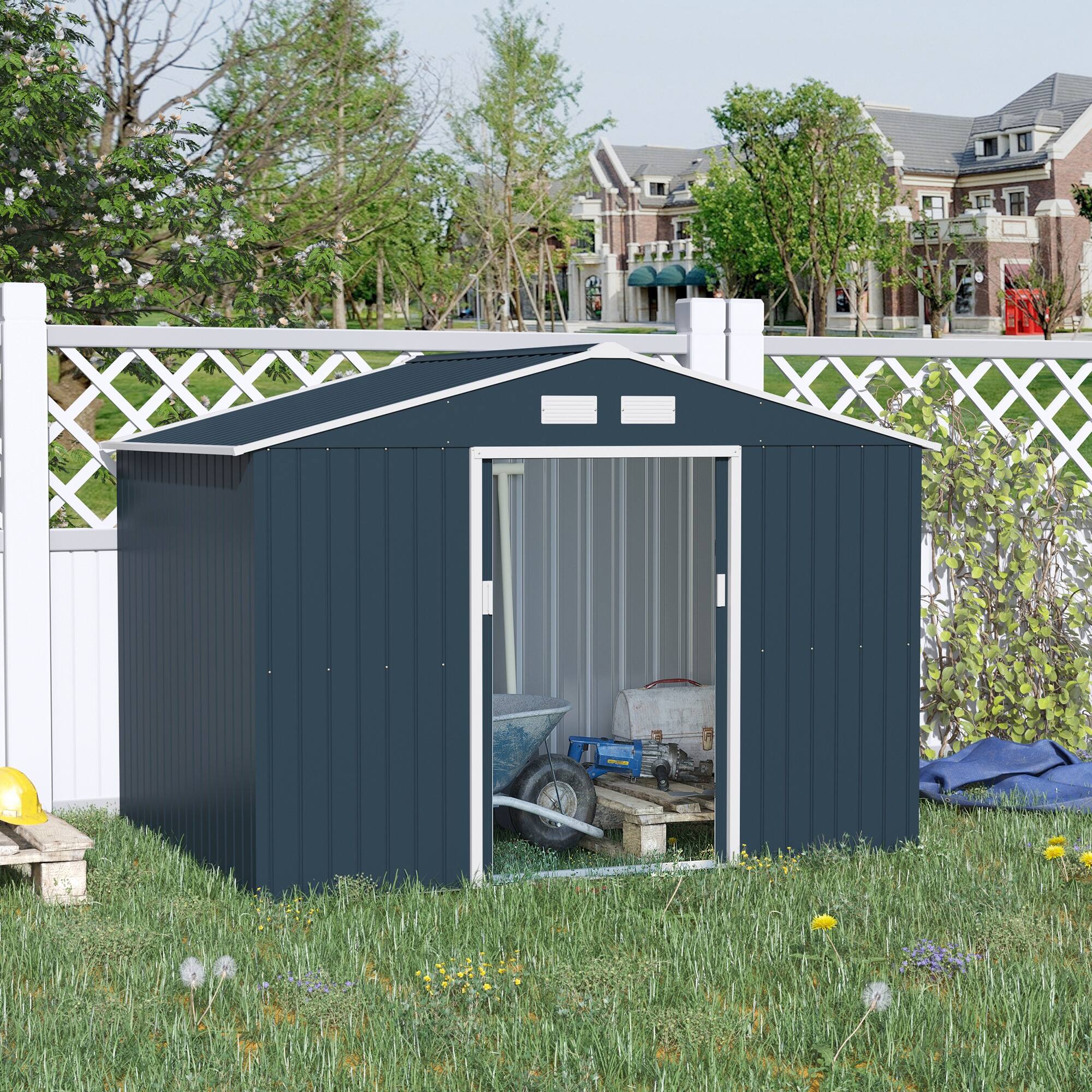 Alt View 1. Outsunny - 9' x 6' Outdoor Storage Shed, Garden Tool Metal Shed with Foundation Kit, Double Lockable Door.