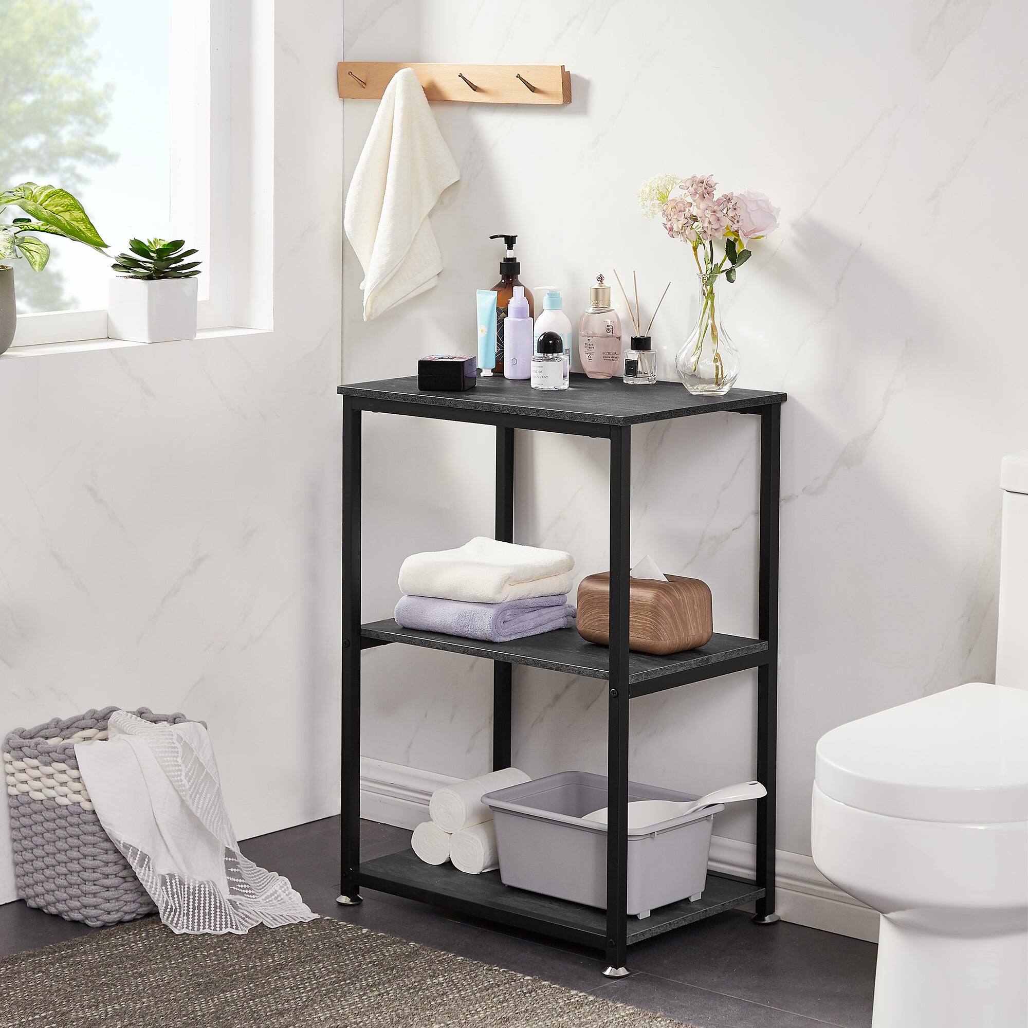 Front. Vecelo - Side Table with Outlets & USB Ports, 3-Tier End Table with Storage Shelves, Industrial Nightstand with Charging Station - Charcoal Gray.