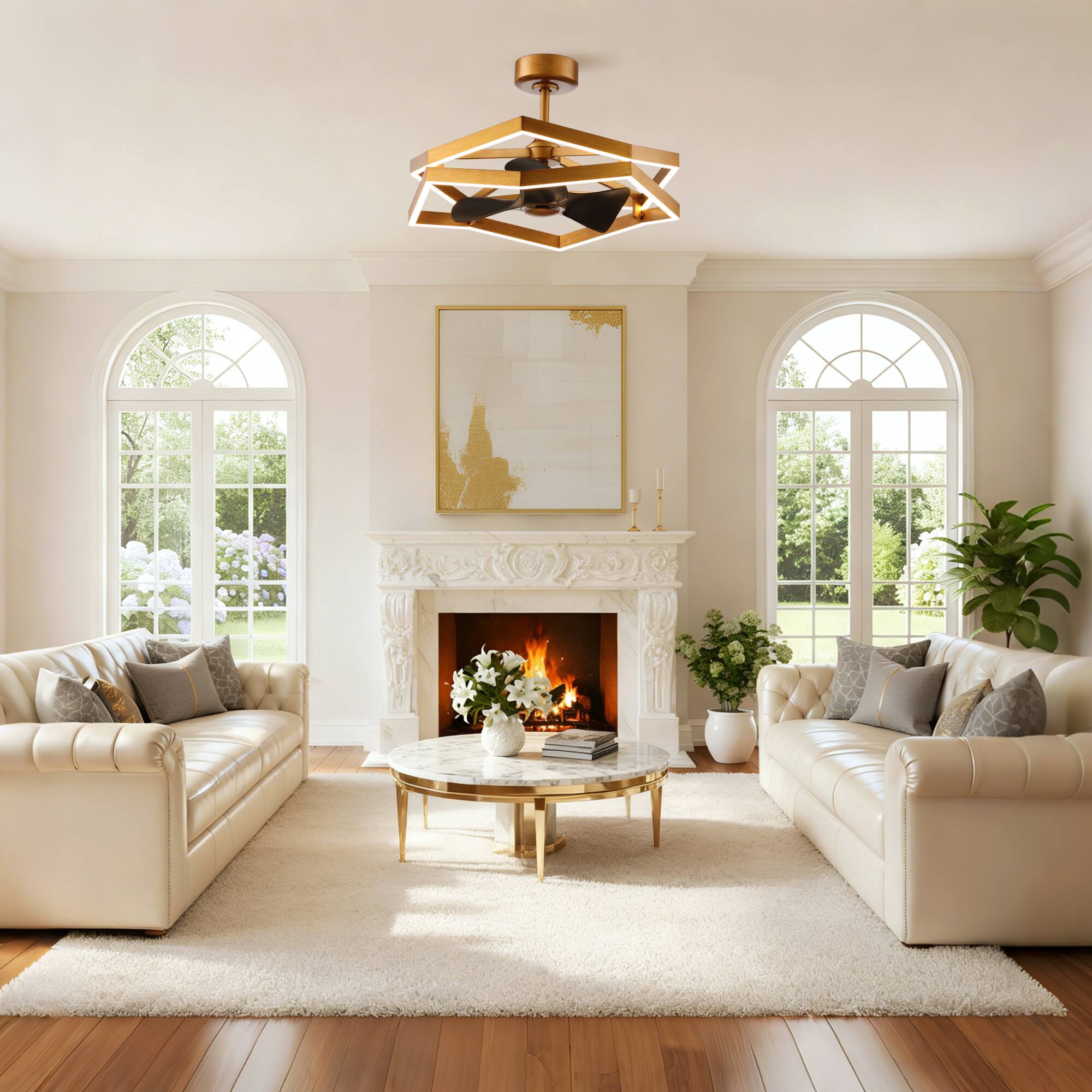 Left. Parrot Uncle - 30"Industrial Balck Antique Brass Irregular LED Fandelier Ceiling Fan with 6 speeds Remote - Brass.