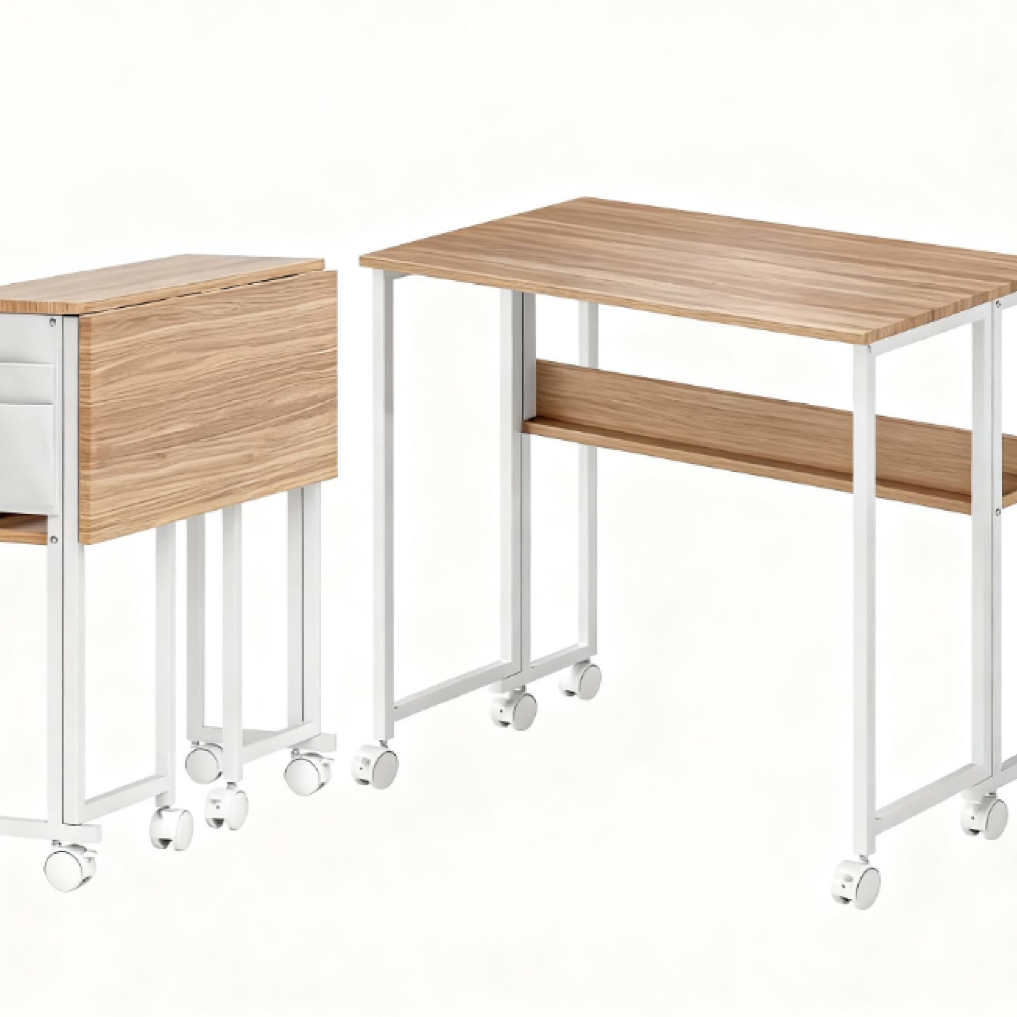 Angle. GOODSILO - Foldable Mobile Desk with Storage Shelf and Wheels for Compact Home Office Spaces - Natural Wood,White.
