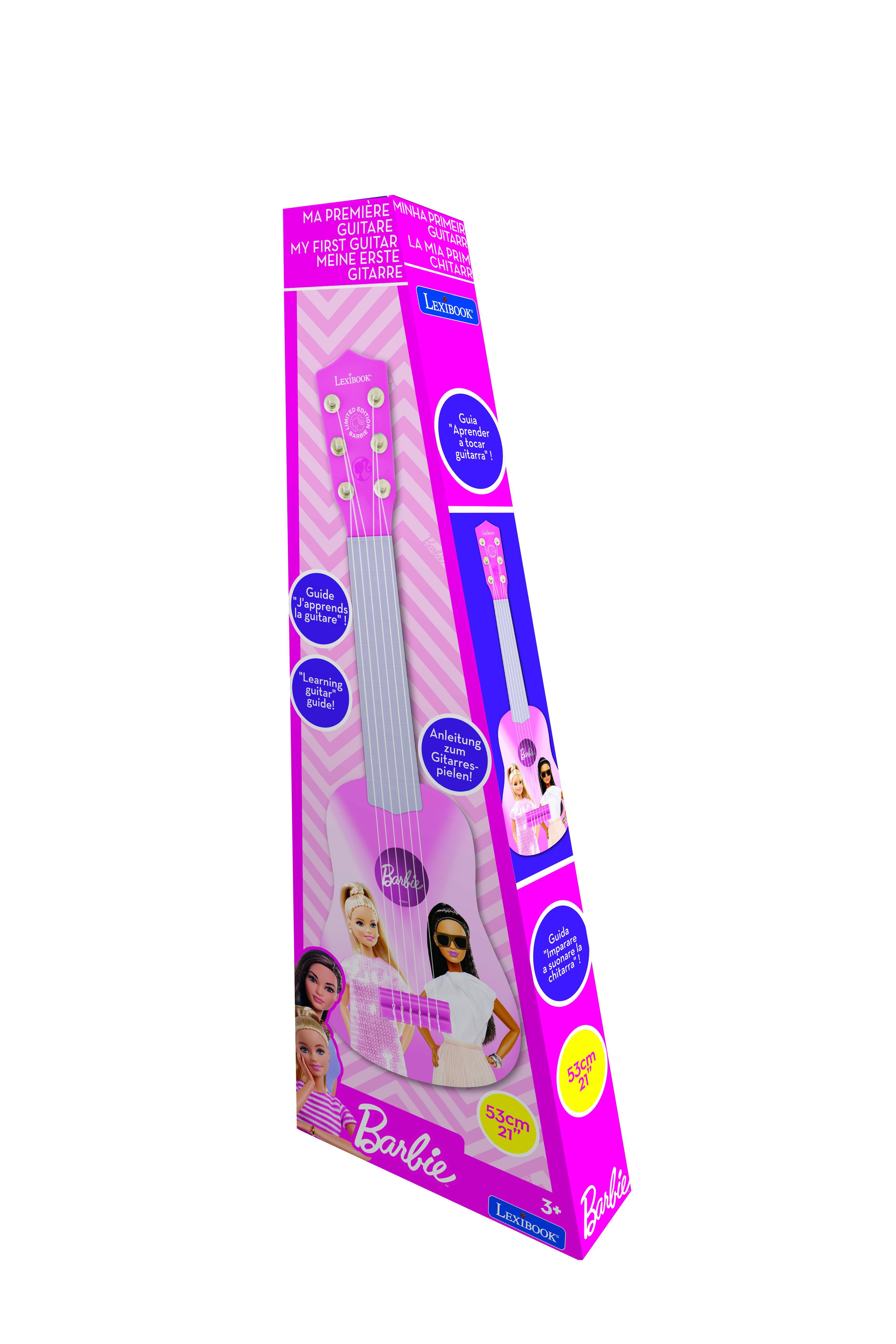 MA PREMIERE GUITARE  
MINHA PRIMEIRA GUITAR  
MY FIRST GUITAR  
MEINE ERSTE GITARRE  
CHITARO  
LEXIBOOK  
LEXIBOOK  

Guide "J'apprends la guitare"  
"Learning guitar guide!"  
Anleitung zum Gitarrespielen!  
Guia "Aprender a tocar guitarra"  
Guida "Imparare suonare la chitarra"  

53cm 21"  
Barbie  
LEXIBOOK 3+