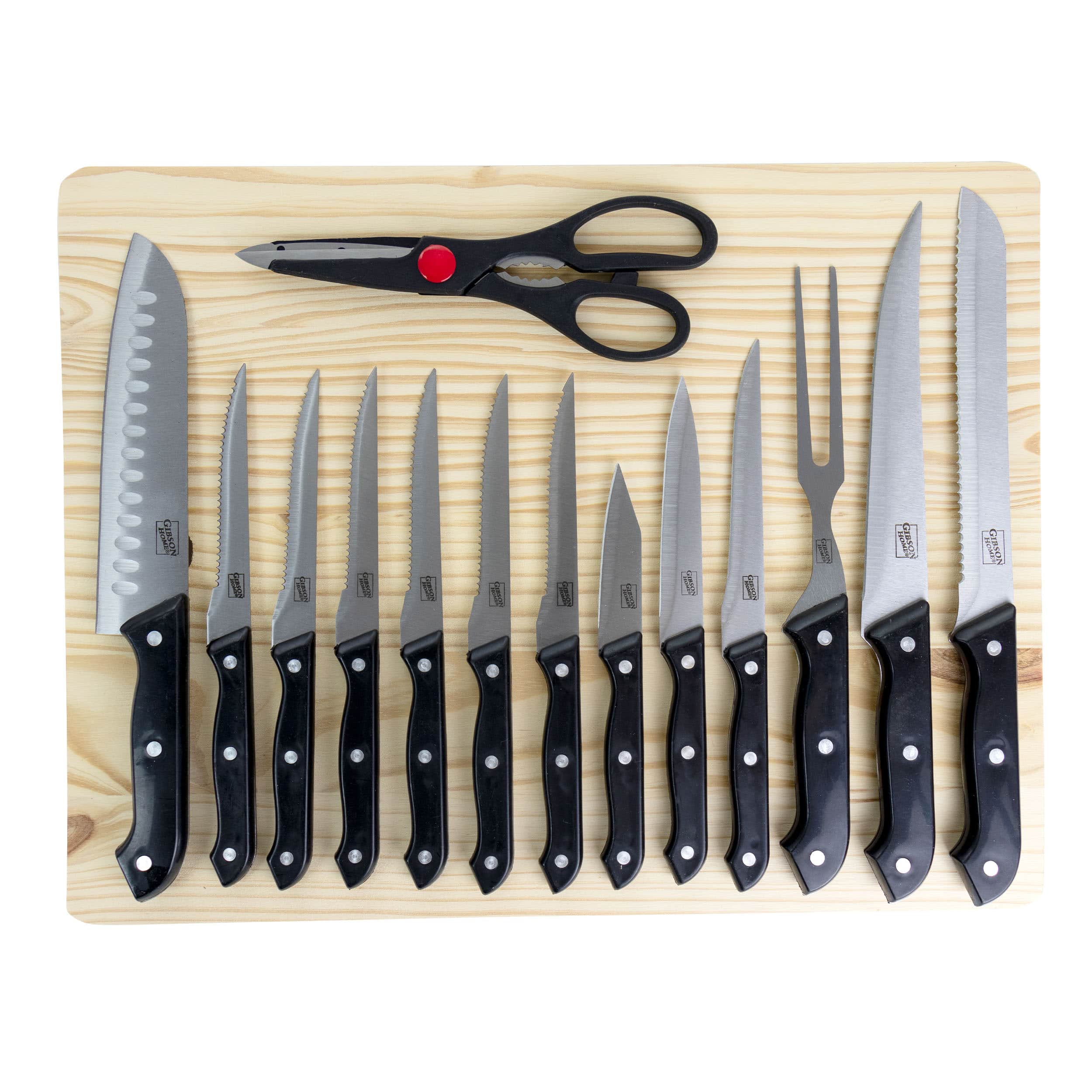 Gibson - Home Wildcraft 15 Piece Stainless Steel Cutlery Set with Pine Wood Cutting Board - Black