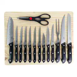 Gibson - Home Wildcraft 15 Piece Stainless Steel Cutlery Set with Pine Wood Cutting Board - Black