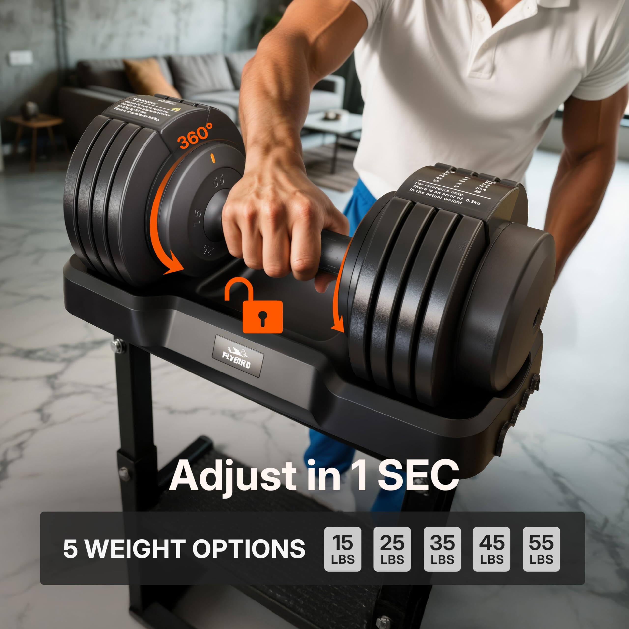 - 360°
- Adjust in 1 SEC
- 5 WEIGHT OPTIONS: 15 LBS, 25 LBS, 35 LBS, 45 LBS, 55 LBS