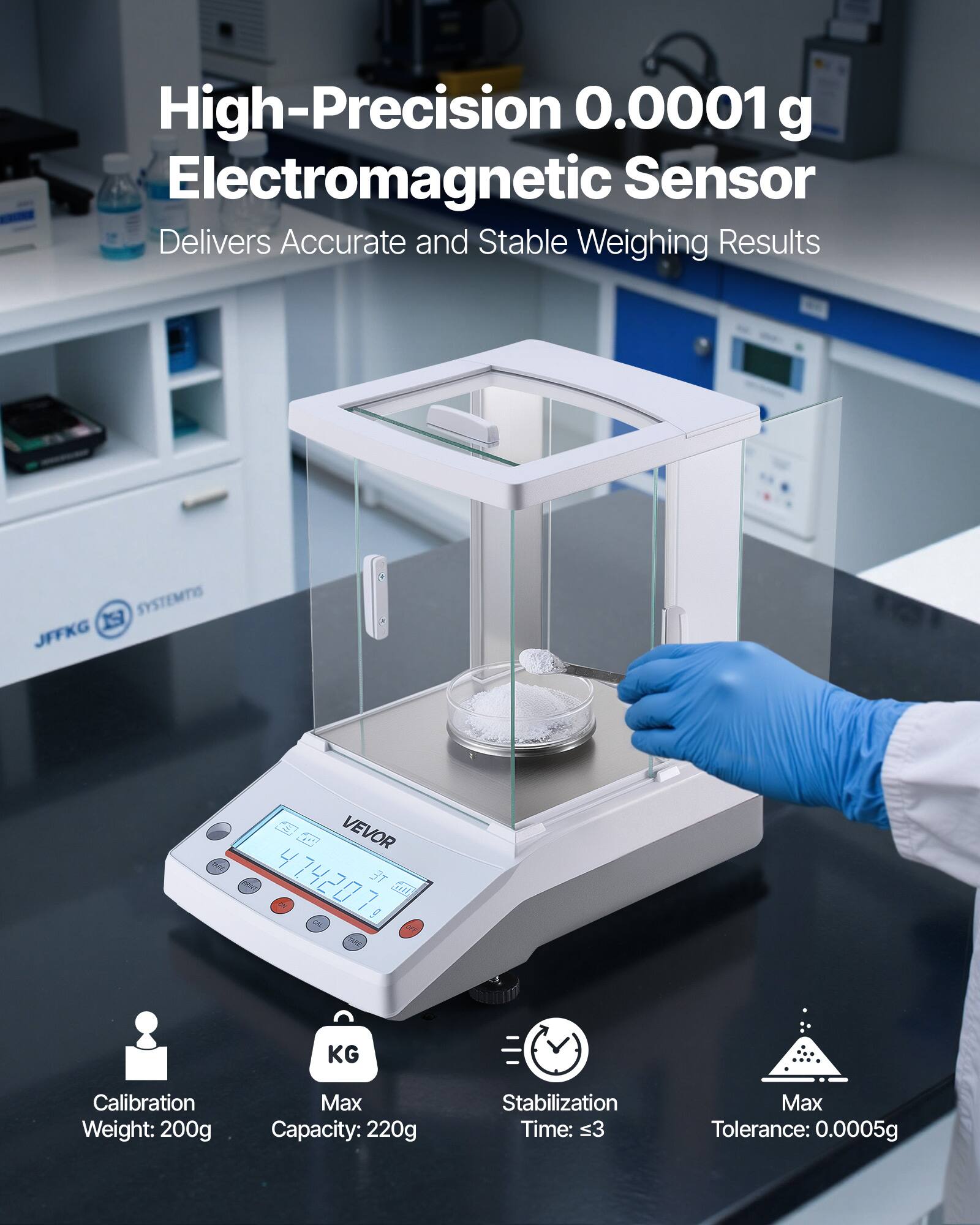 High-Precision 0.0001 g Electromagnetic Sensor Delivers Accurate and Stable Weighing Results

SYSTEMTIC N JFFKG VEVOR 474207

- Calibration Weight: 200g
- Max Capacity: 220g
- Stabilization Time: <3
- Max Tolerance: 0.0005g