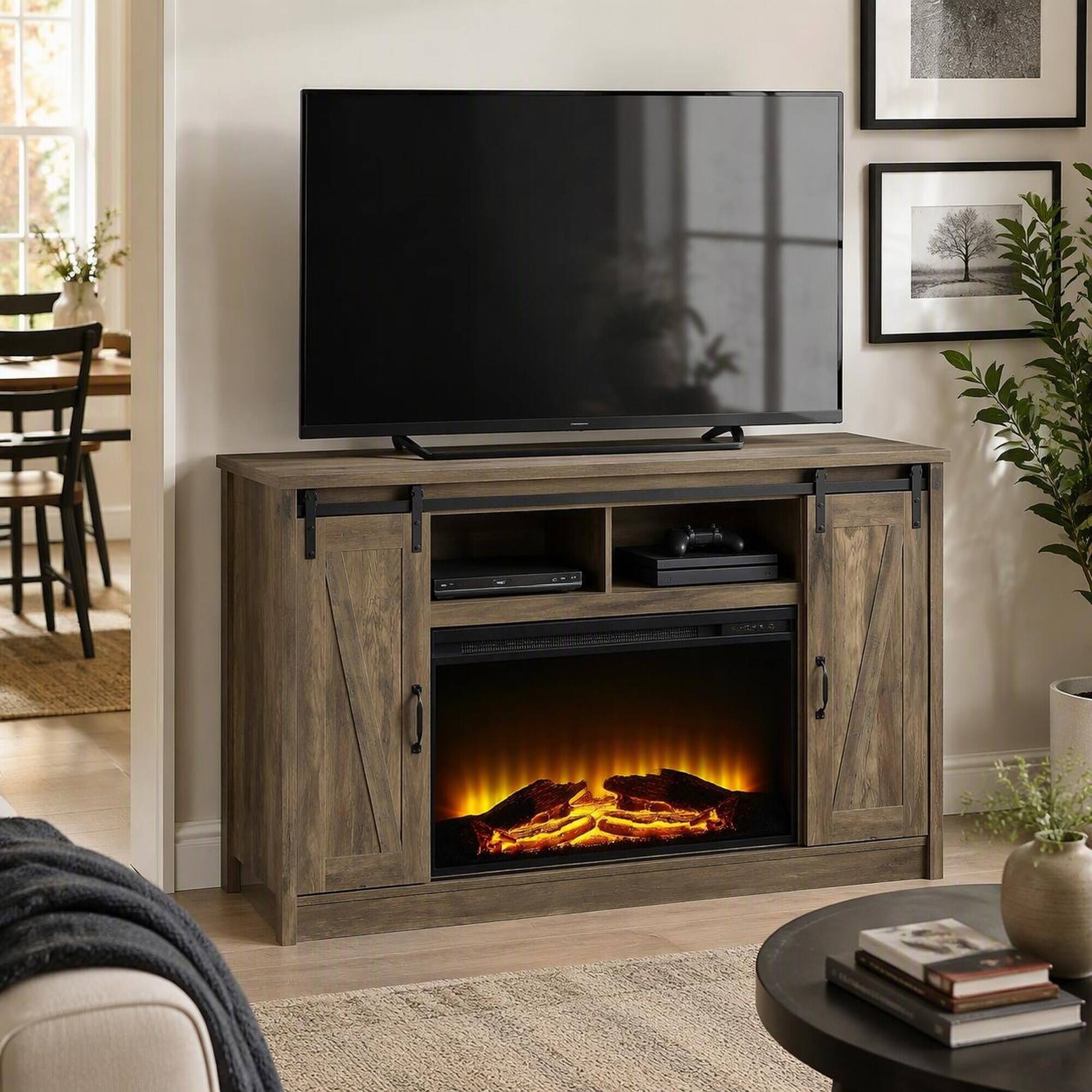 Left. RYHNUYNE - Rustic Oak 2-Door Fireplace With 2 Shelves, Ample Storage Cozy Flame For Living Room Home Decor Organization - Rustic.