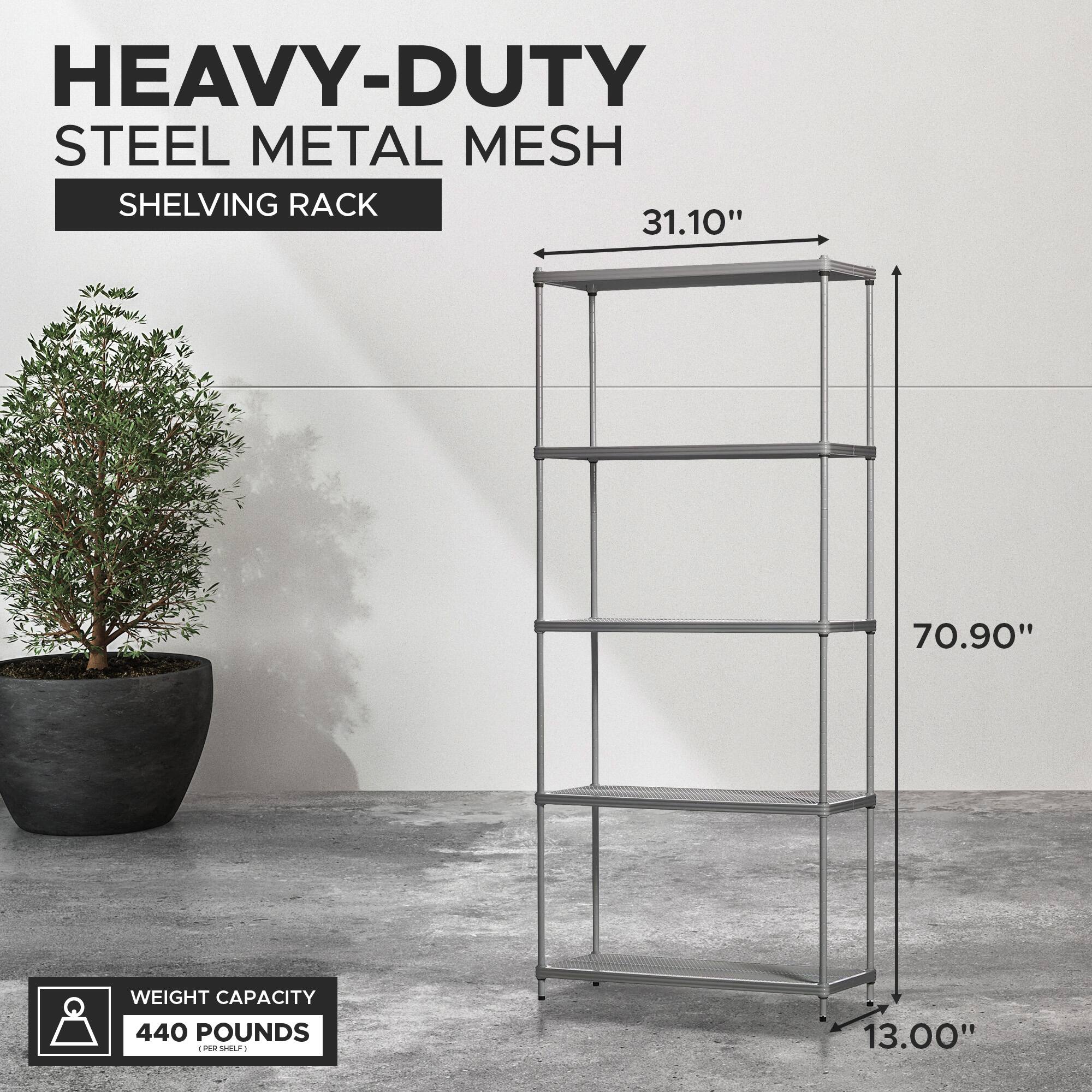 HEAVY-DUTY STEEL METAL MESH SHELVING RACK

- 31.10" (width)
- 70.90" (height)
- 13.00" (depth)

WEIGHT CAPACITY: 440 POUNDS (PER SHELF)